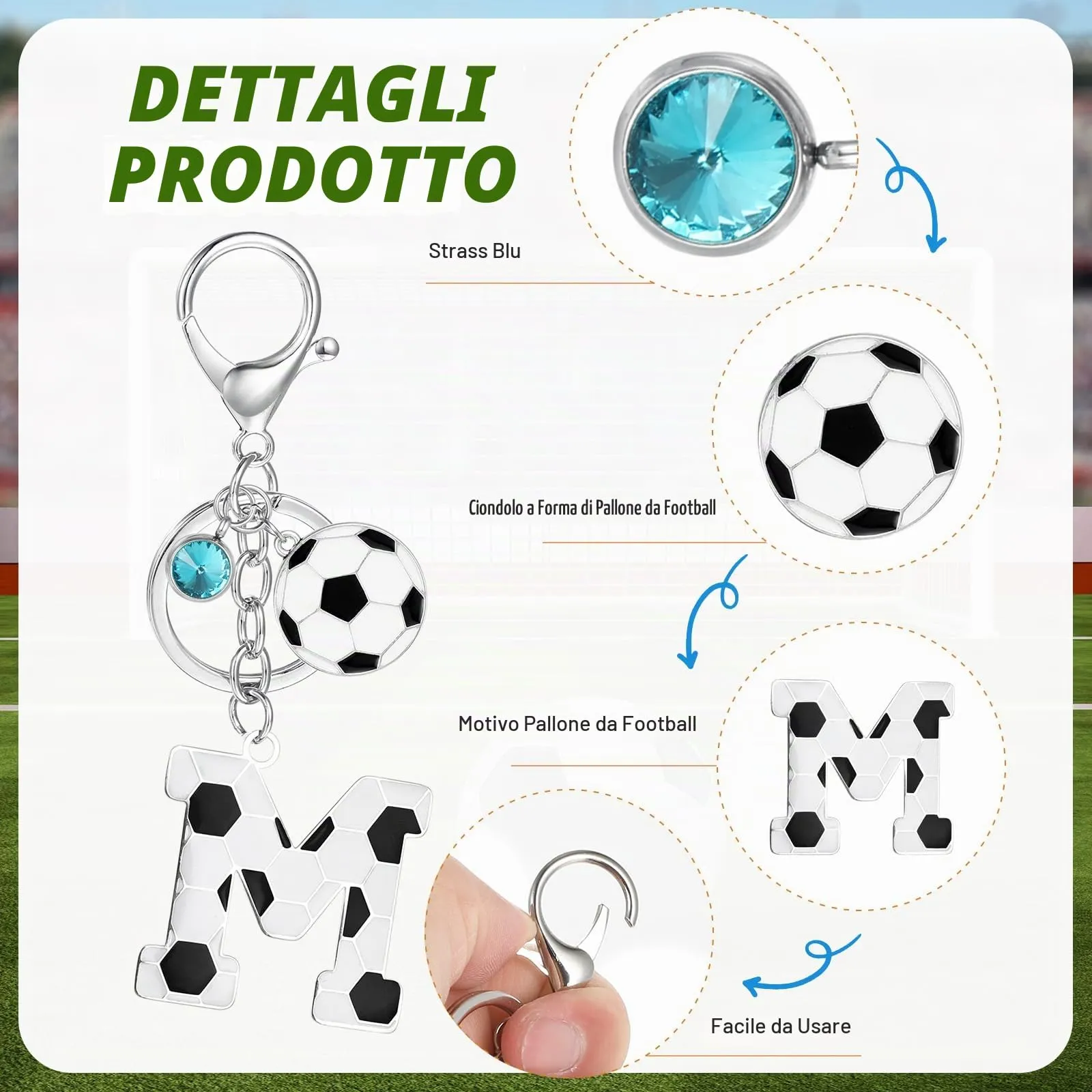 MWOOT Portachiavi Lettera Iniziale con Ciondolo Calcio, Regalo per Amanti del Calcio, Charms per Borse e Zaini - immagine 3