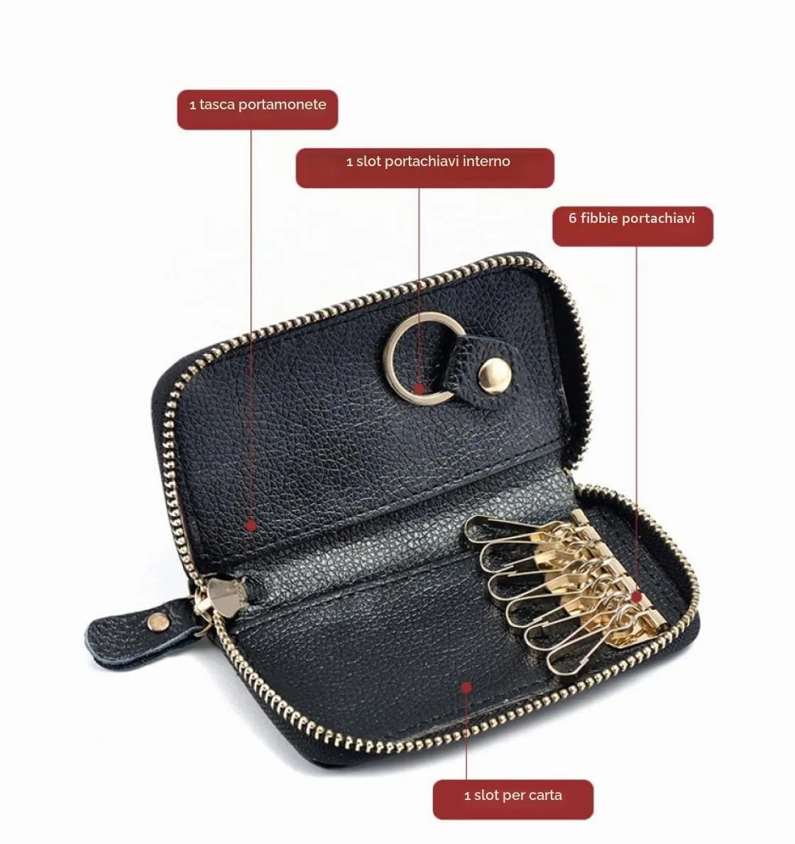 QIUPFGUT Portachiavi in Pelle, Borsellino Portachiavi, Porta Carte, Portachiavi in Pelle Per Uomo e Donna, 6 Ganci per Chiavi, Portafoglio per Banconote, Tasca per Chiavi Auto Con Cerniera (Giallo) - immagine 5