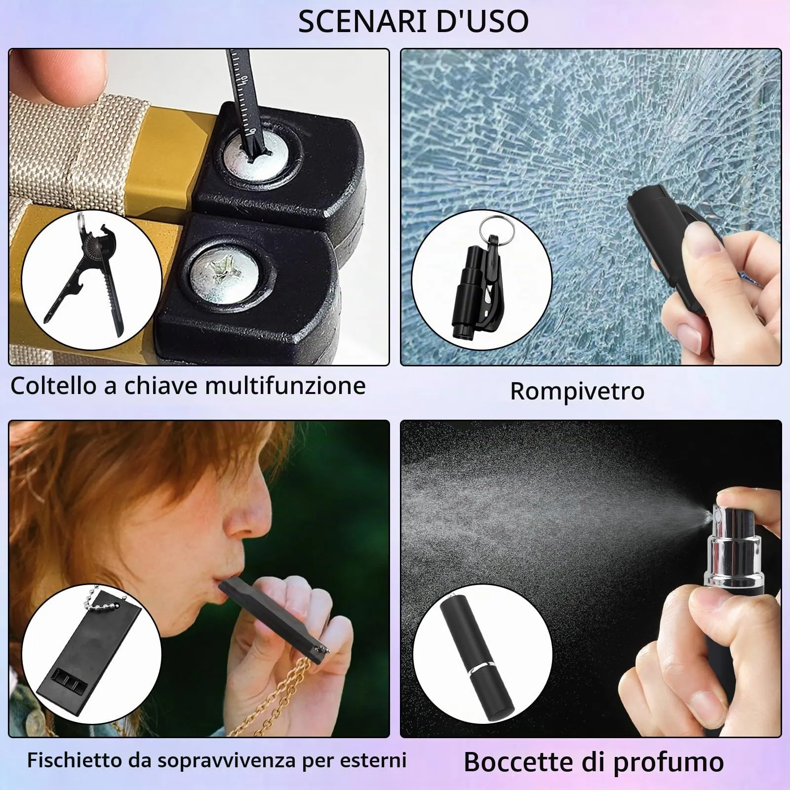 Portachiavi per Autodifesa, RosyFate 7 in 1 Set di Portachiavi per Autodifesa da Donna, con Allarme Personale, Taglia Cintura di Sicurezza e Rompivetro per Ragazze, Bambini, Anziani (Nero - Nuovo) - immagine 3