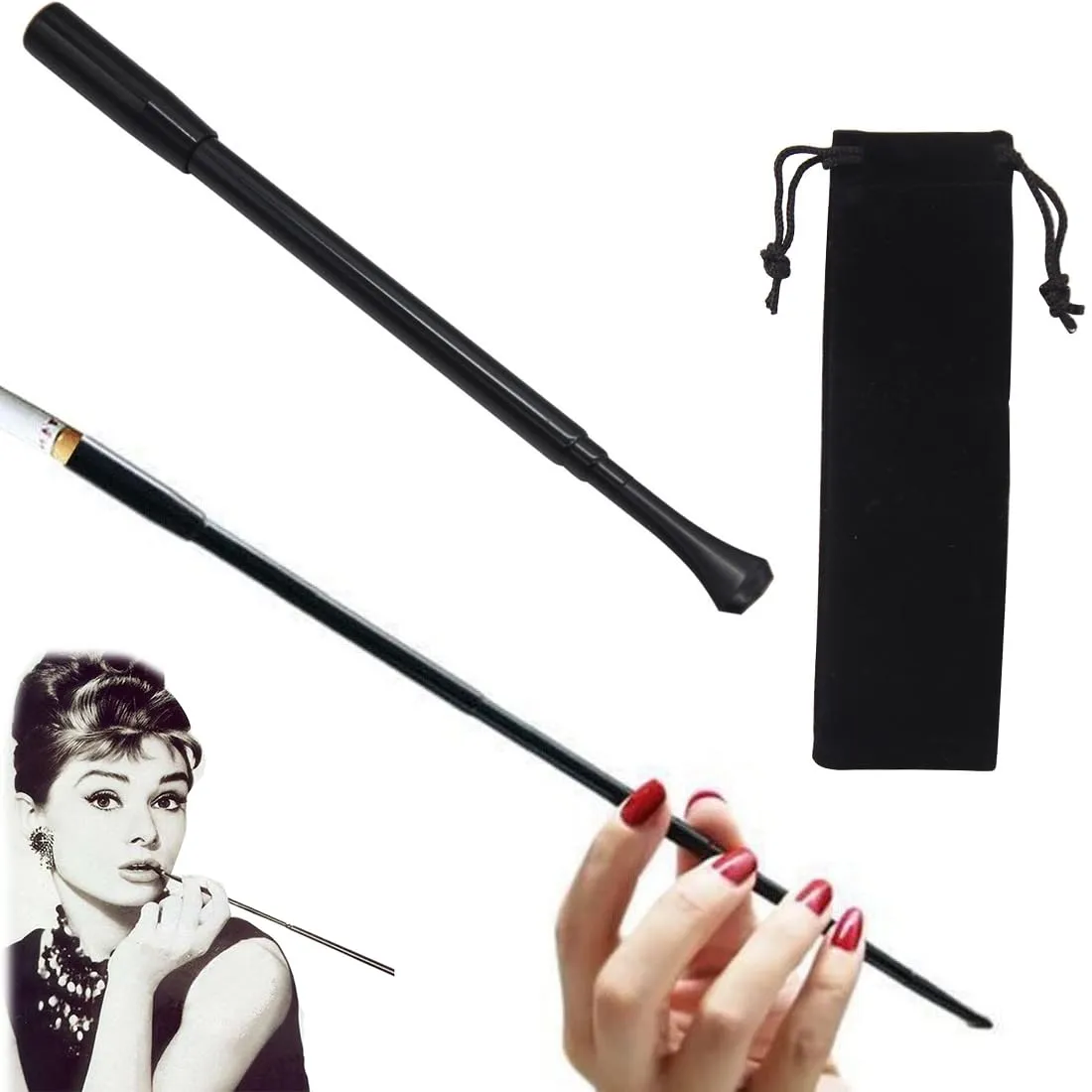 AFCJLTO Bocchino per Sigaretta, Bocchino Allungabile per Sigaretta, Portasigarette Lungo, Portasigarette lungo alla Audrey Hepburn, accessori per feste e cosplay(Nero) - immagine 1