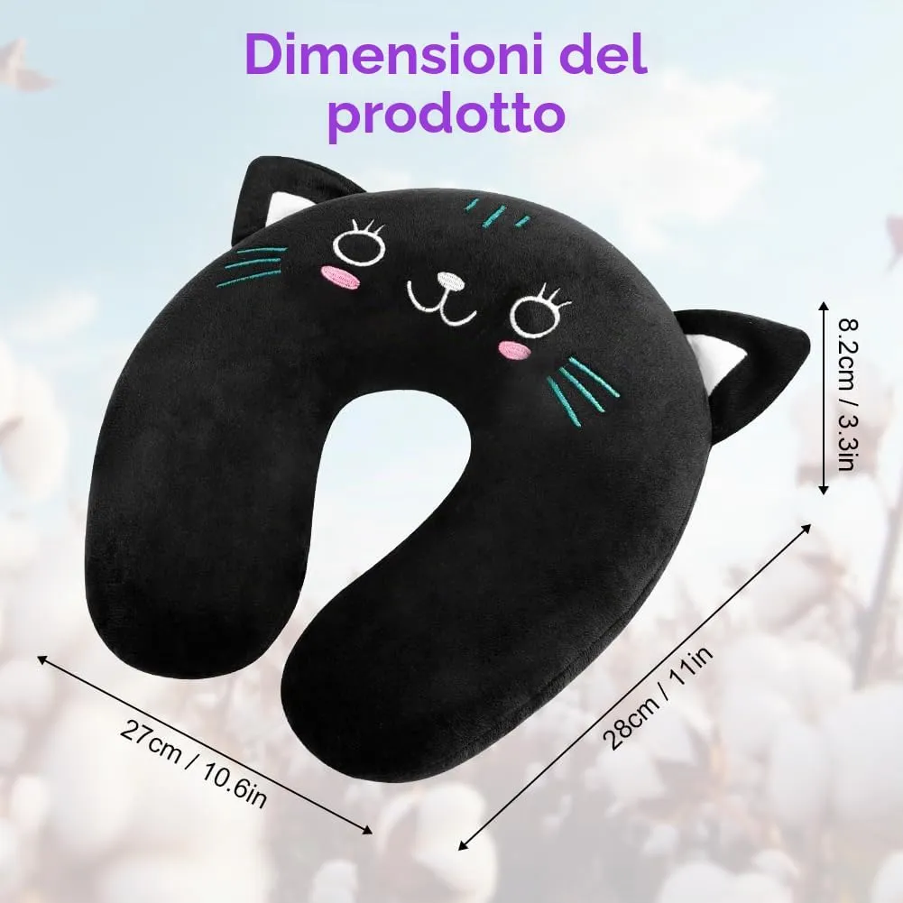 Alaoo Cuscino da Viaggio per Bambini, Simpatico Animale,Gatto Nero - immagine 2