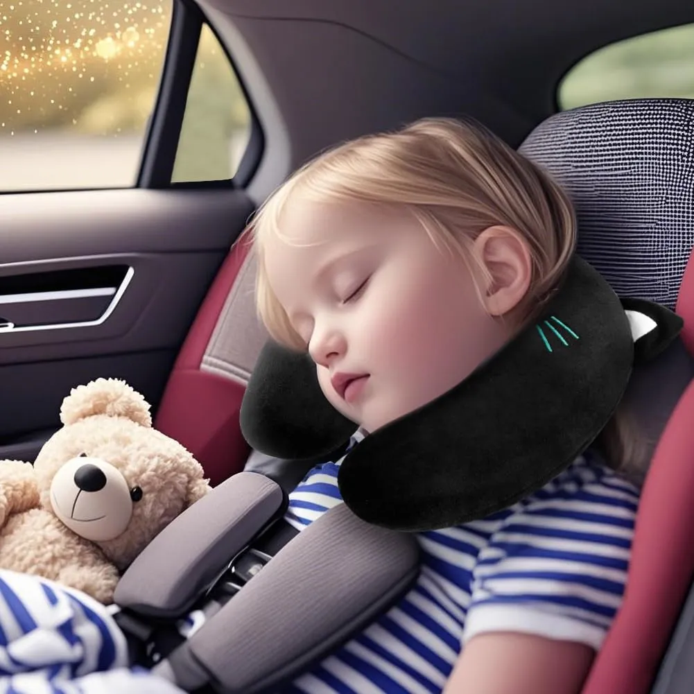 Alaoo Cuscino da Viaggio per Bambini, Simpatico Animale,Gatto Nero - immagine 4