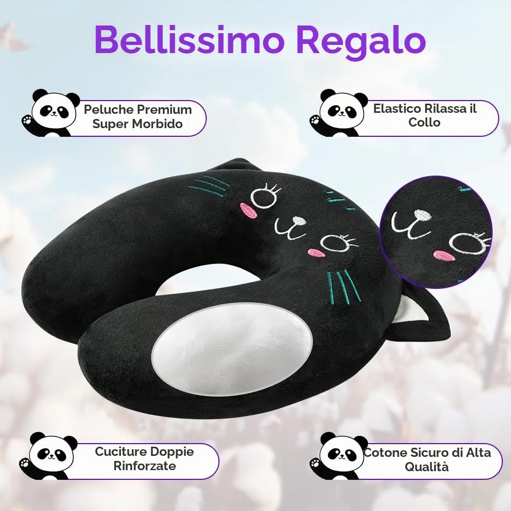Alaoo Cuscino da Viaggio per Bambini, Simpatico Animale,Gatto Nero - immagine 6
