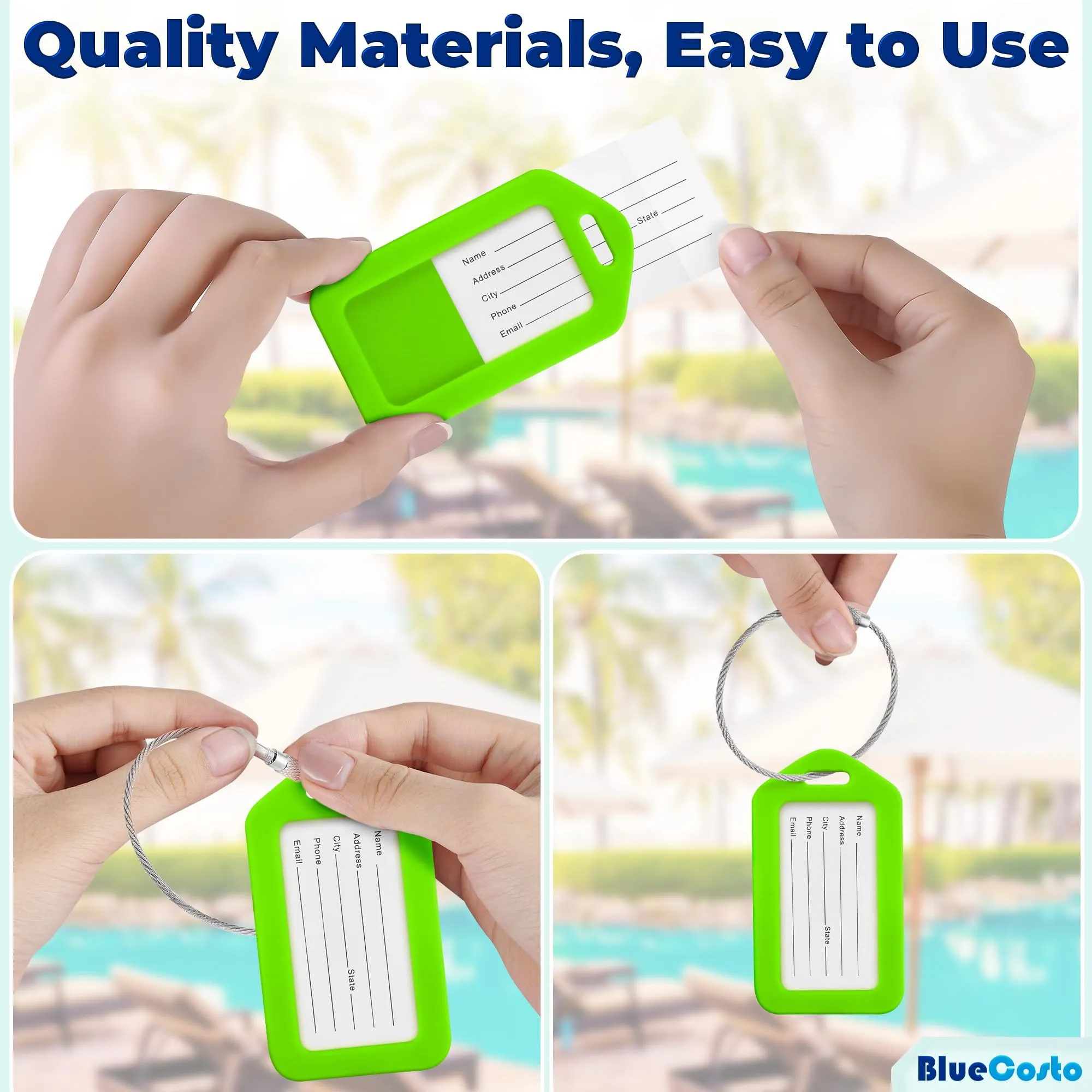 BlueCosto - Tag bagagli - Verde, 50 pacchi - Etichetta valigia da viaggio con scheda ID nome e Anelli in filo metallo metallico pesante - immagine 7