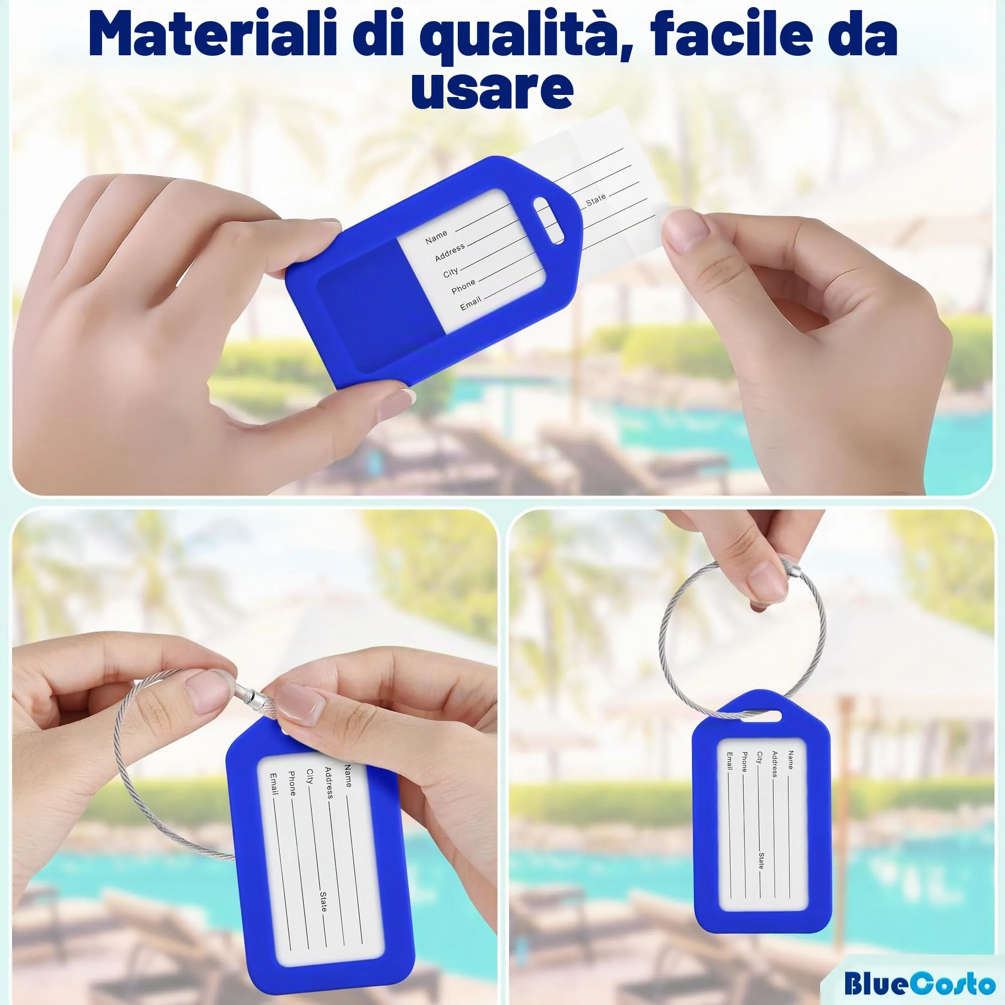 BlueCosto - Tag bagagli - Blu, 50 pacchi - Etichetta valigia da viaggio con scheda ID nome e Anelli in filo metallo metallico pesante - immagine 7