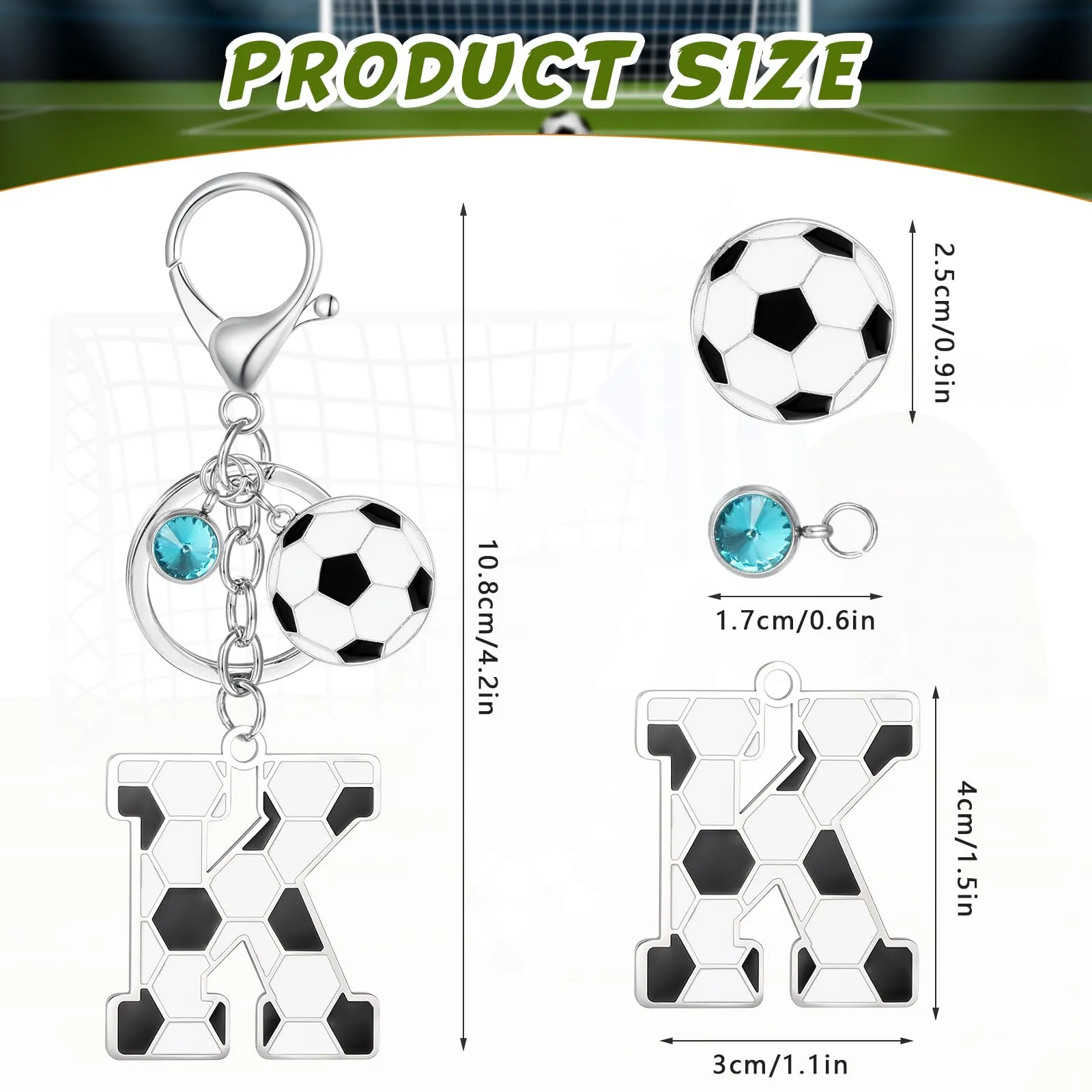 MWOOT Portachiavi Calcio Lettera Iniziale, Portachiavi Alfabeto con Ciondoli a Calcio, Portachiavi Sport Regalo Calcio per Amanti del Calcio, Charms per Borse Zaino Accessori(K) - immagine 2