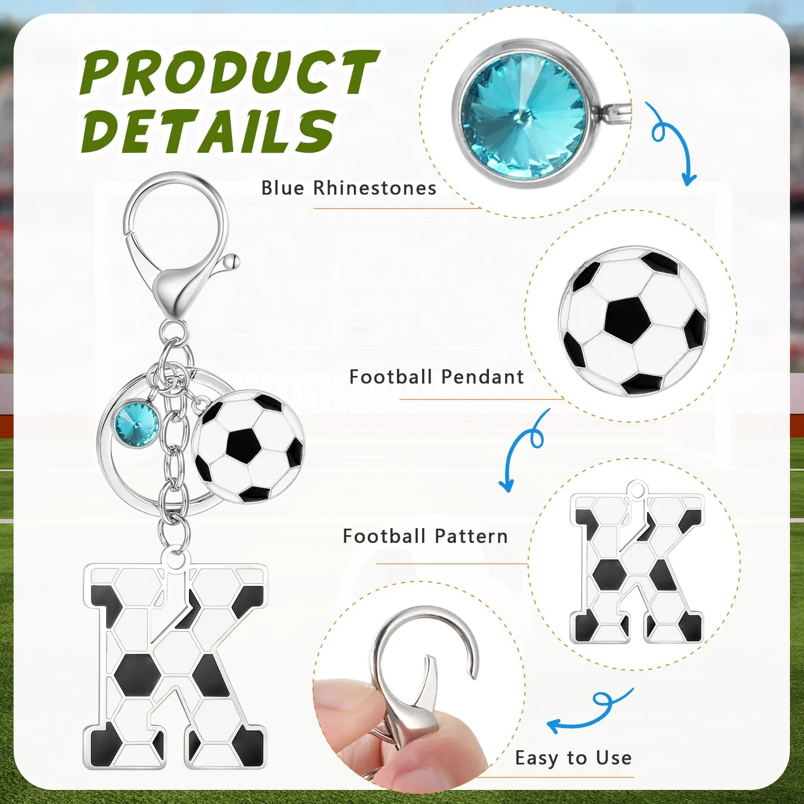MWOOT Portachiavi Calcio Lettera Iniziale, Portachiavi Alfabeto con Ciondoli a Calcio, Portachiavi Sport Regalo Calcio per Amanti del Calcio, Charms per Borse Zaino Accessori(K) - immagine 3