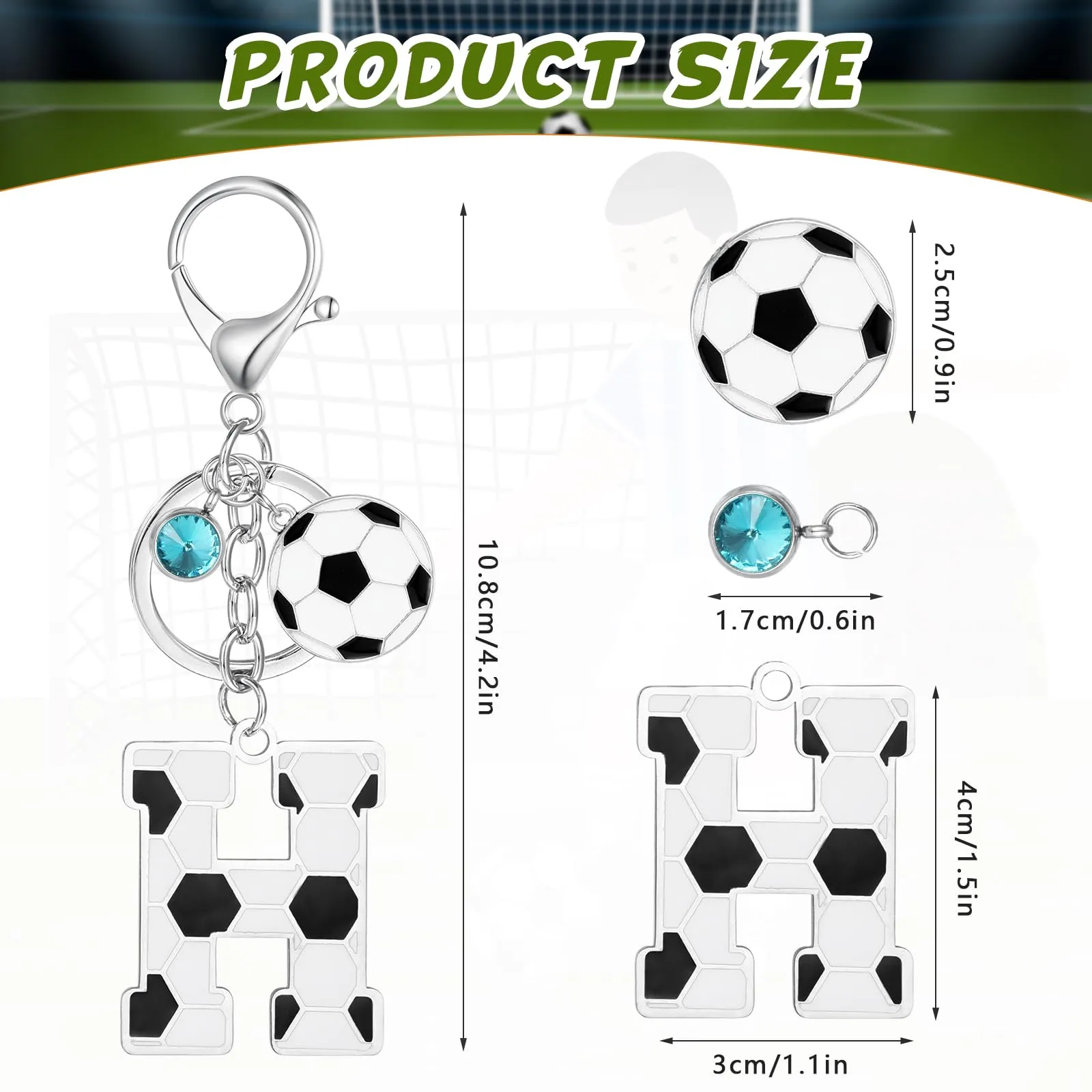 MWOOT Portachiavi Calcio Lettera Iniziale, Portachiavi Alfabeto con Ciondoli a Calcio, Portachiavi Sport Regalo Calcio per Amanti del Calcio, Charms per Borse Zaino Accessori(H) - immagine 2