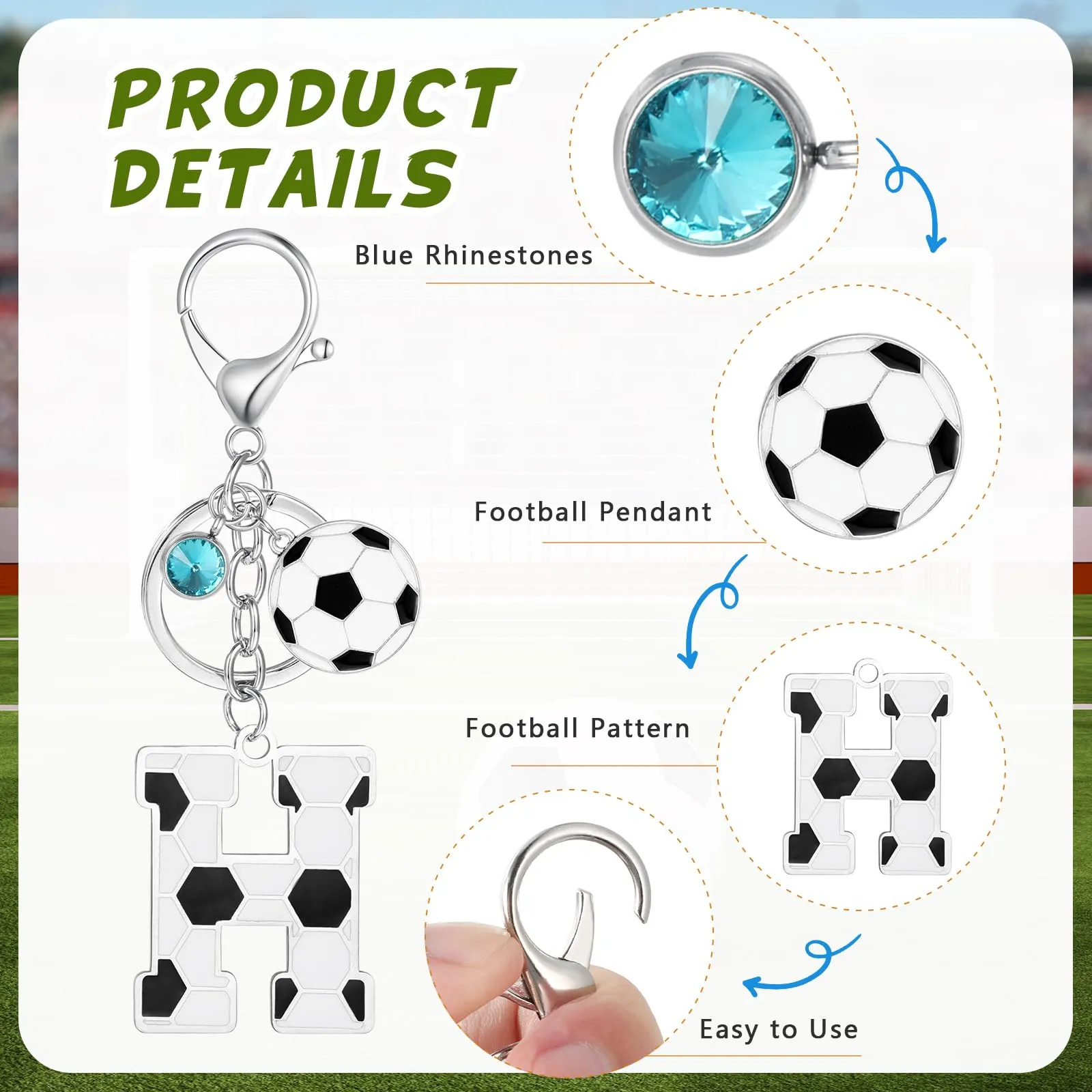 MWOOT Portachiavi Calcio Lettera Iniziale, Portachiavi Alfabeto con Ciondoli a Calcio, Portachiavi Sport Regalo Calcio per Amanti del Calcio, Charms per Borse Zaino Accessori(H) - immagine 3