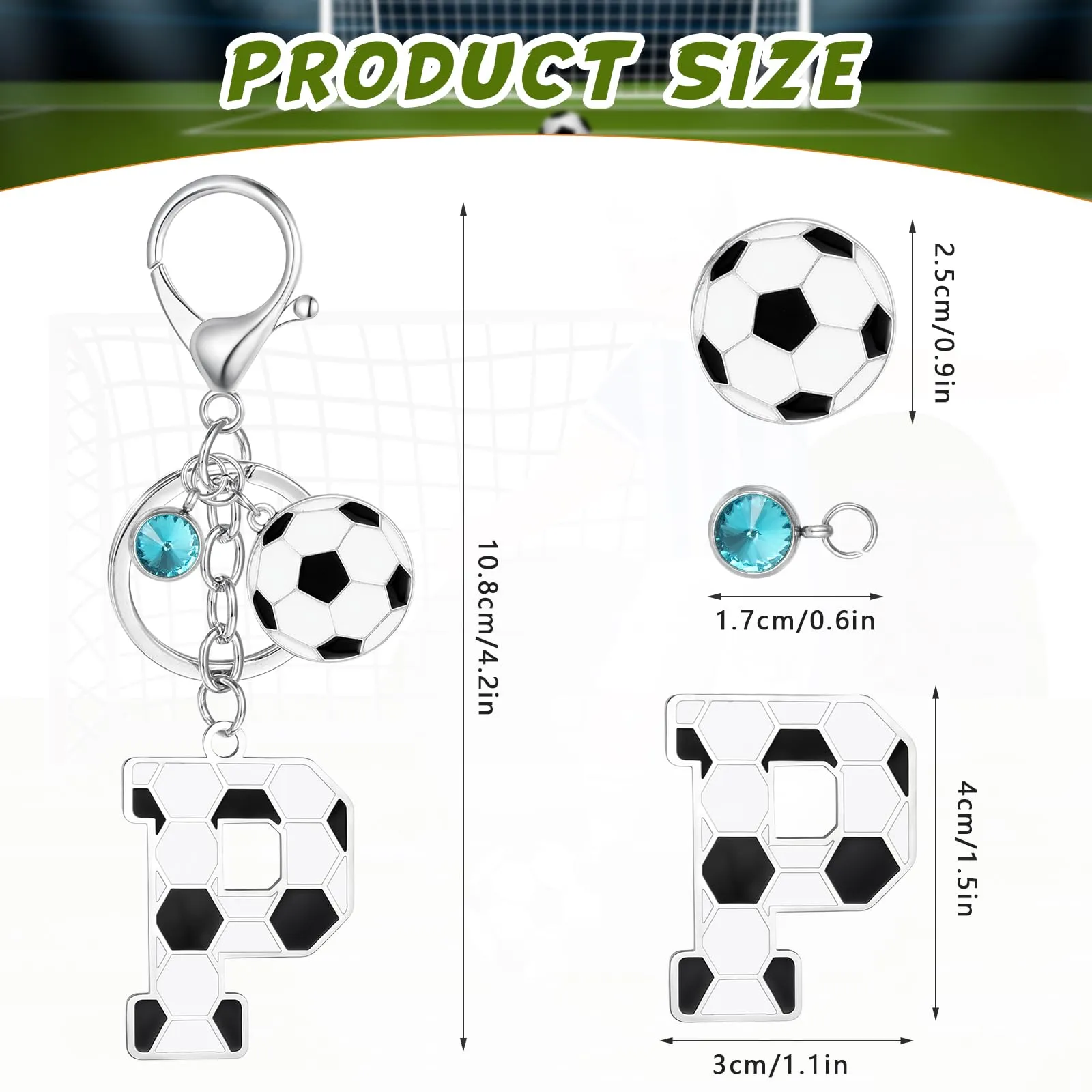 MWOOT Portachiavi Calcio Lettera Iniziale, Portachiavi Alfabeto con Ciondoli a Calcio, Portachiavi Sport Regalo Calcio per Amanti del Calcio, Charms per Borse Zaino Accessori(P) - immagine 2