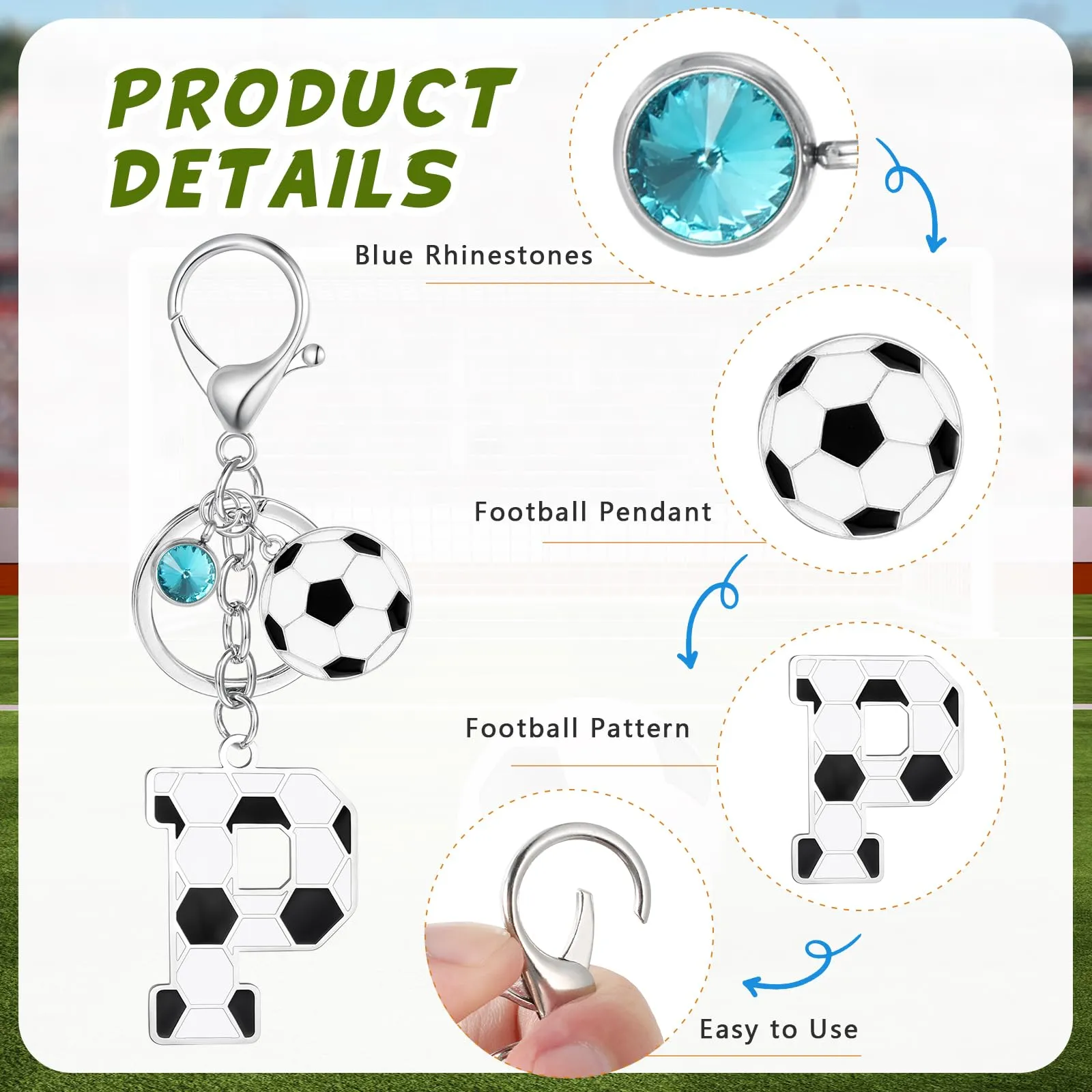 MWOOT Portachiavi Calcio Lettera Iniziale, Portachiavi Alfabeto con Ciondoli a Calcio, Portachiavi Sport Regalo Calcio per Amanti del Calcio, Charms per Borse Zaino Accessori(P) - immagine 3