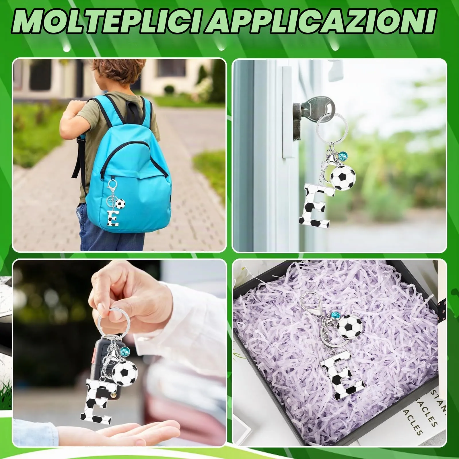 MWOOT Portachiavi Calcio Lettera Iniziale Alfabeto Ciondoli Sport Regalo Amanti Calcio Charms Borse Zaino Accessori - immagine 5