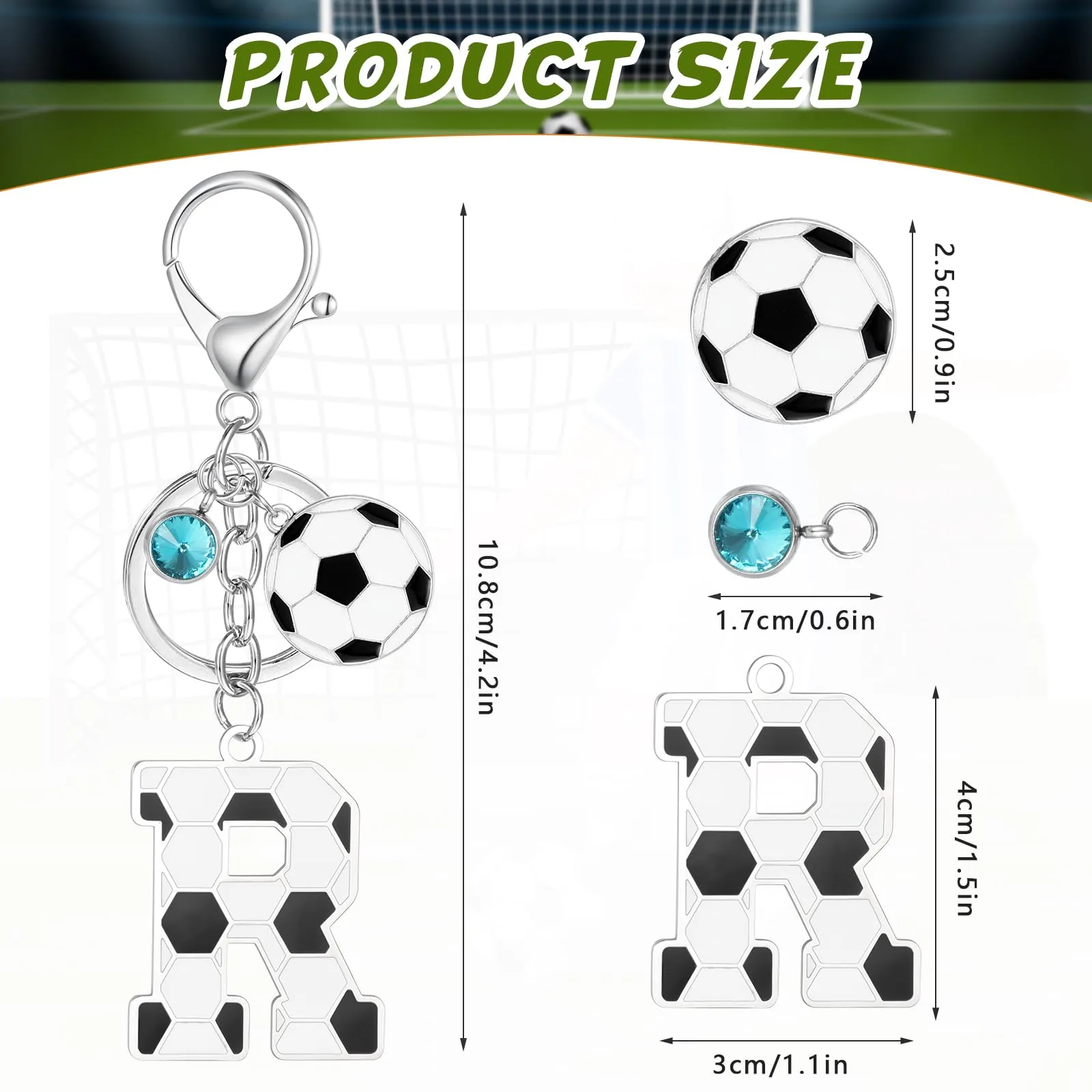 MWOOT Portachiavi Calcio Lettera Iniziale, Portachiavi Alfabeto con Ciondoli a Calcio, Portachiavi Sport Regalo Calcio per Amanti del Calcio, Charms per Borse Zaino Accessori(R) - immagine 2
