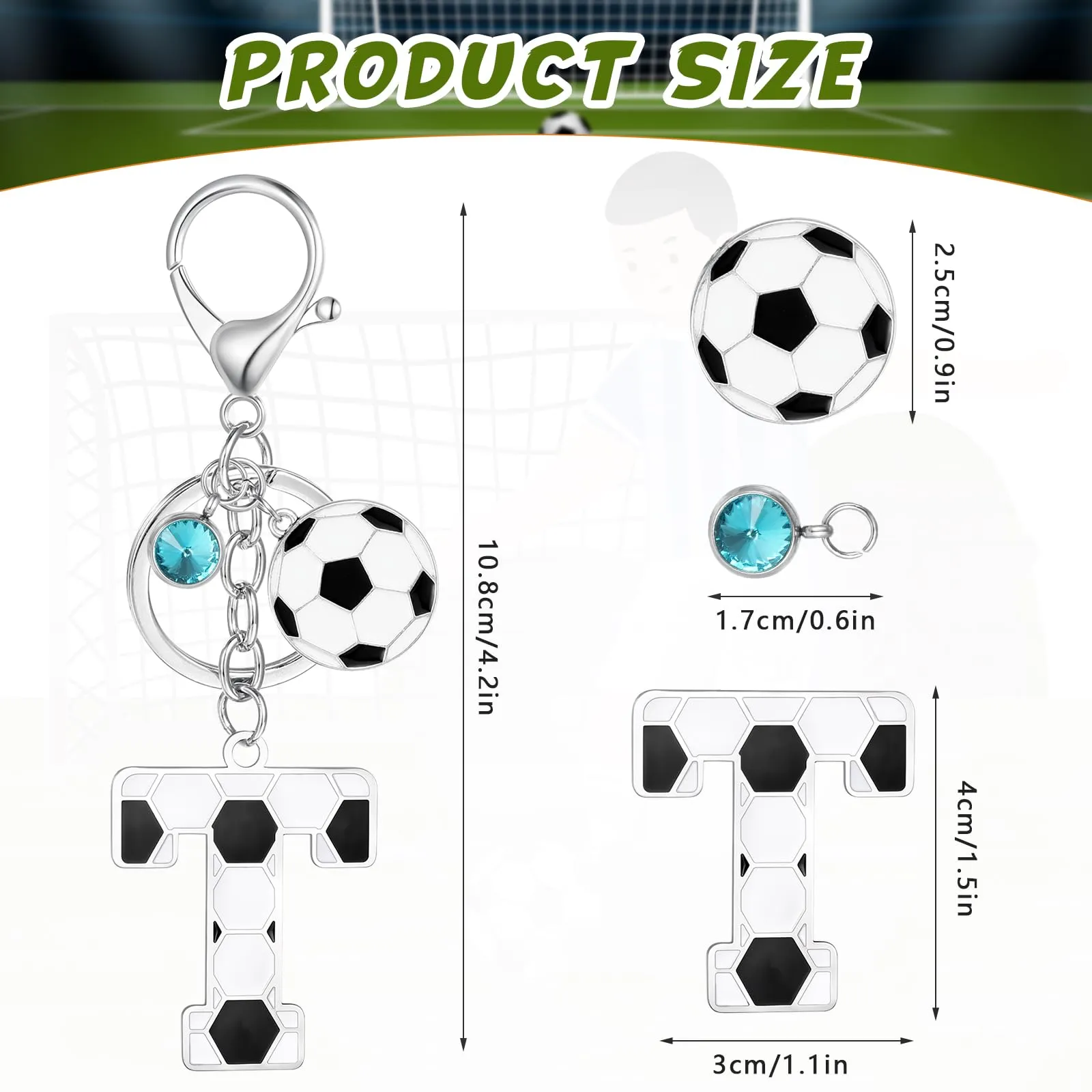 MWOOT Portachiavi Calcio Lettera Iniziale, Portachiavi Alfabeto con Ciondoli a Calcio, Portachiavi Sport Regalo Calcio per Amanti del Calcio, Charms per Borse Zaino Accessori(T) - immagine 2