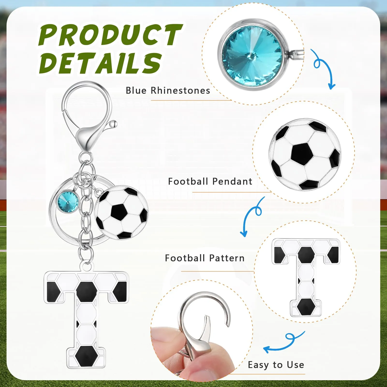 MWOOT Portachiavi Calcio Lettera Iniziale, Portachiavi Alfabeto con Ciondoli a Calcio, Portachiavi Sport Regalo Calcio per Amanti del Calcio, Charms per Borse Zaino Accessori(T) - immagine 3