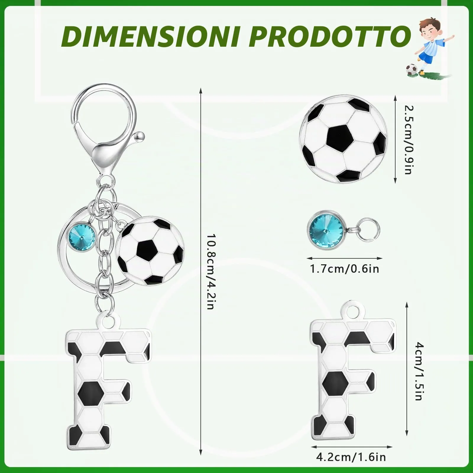 MWOOT Portachiavi Calcio Lettera Iniziale, Portachiavi Alfabeto con Ciondoli a Calcio, Portachiavi Sport Regalo Calcio per Amanti del Calcio, Charms per Borse Zaino Accessori(F) - immagine 2