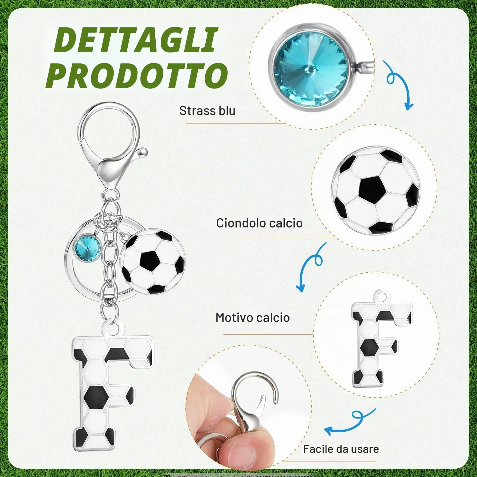 MWOOT Portachiavi Calcio Lettera Iniziale, Portachiavi Alfabeto con Ciondoli a Calcio, Portachiavi Sport Regalo Calcio per Amanti del Calcio, Charms per Borse Zaino Accessori(F) - immagine 3