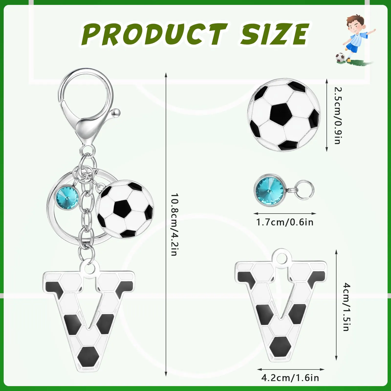 MWOOT Portachiavi Calcio Lettera Iniziale, Portachiavi Alfabeto con Ciondoli a Calcio, Portachiavi Sport Regalo Calcio per Amanti del Calcio, Charms per Borse Zaino Accessori(V) - immagine 2
