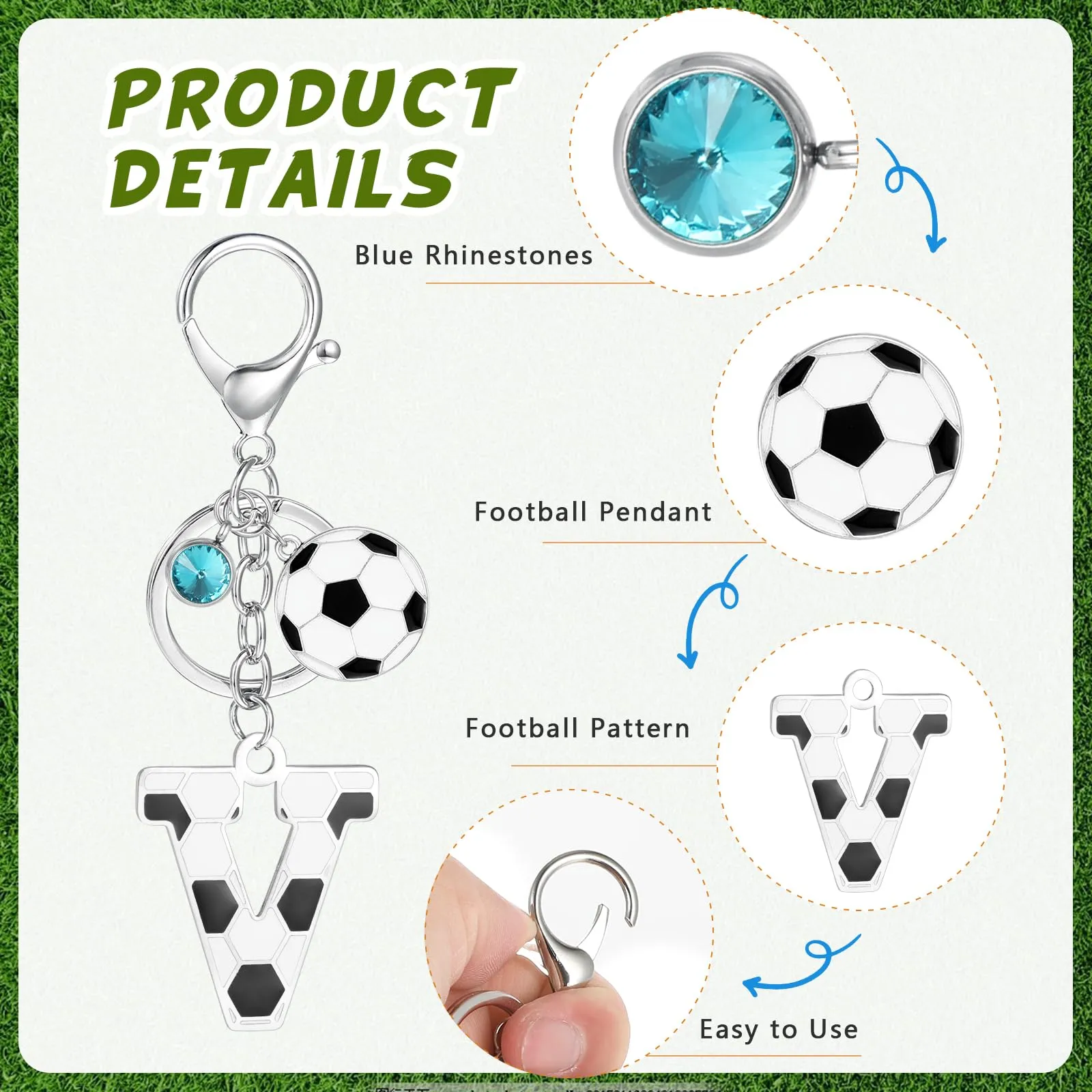 MWOOT Portachiavi Calcio Lettera Iniziale, Portachiavi Alfabeto con Ciondoli a Calcio, Portachiavi Sport Regalo Calcio per Amanti del Calcio, Charms per Borse Zaino Accessori(V) - immagine 3