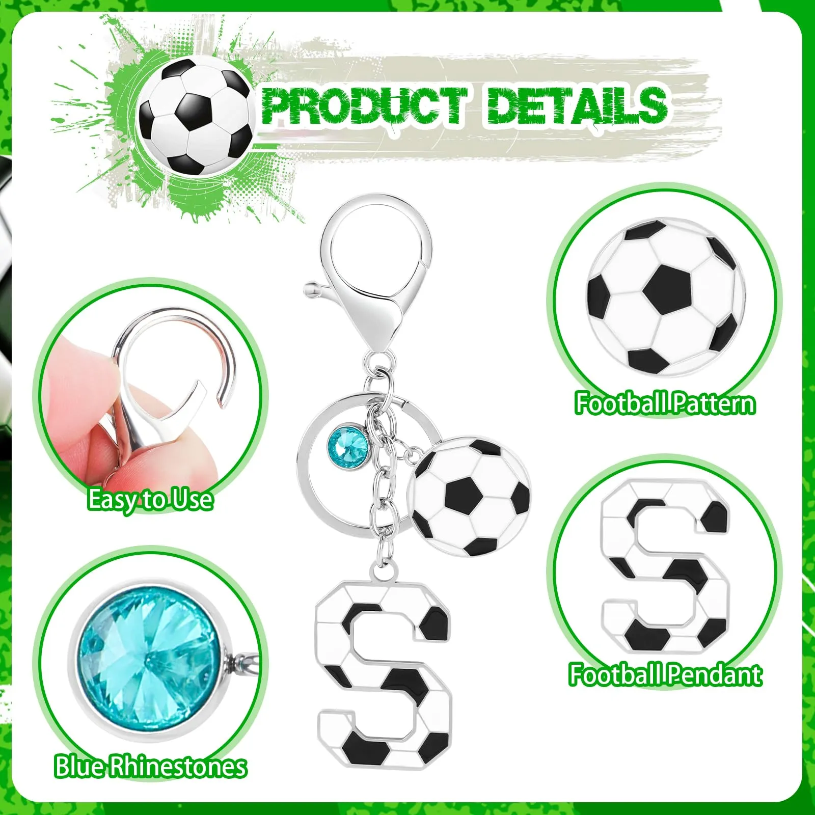 MWOOT Portachiavi Calcio Lettera Iniziale, Portachiavi Alfabeto con Ciondoli, Regalo per Amanti del Calcio, Charms per Borse Zaino Accessori(S) - immagine 3