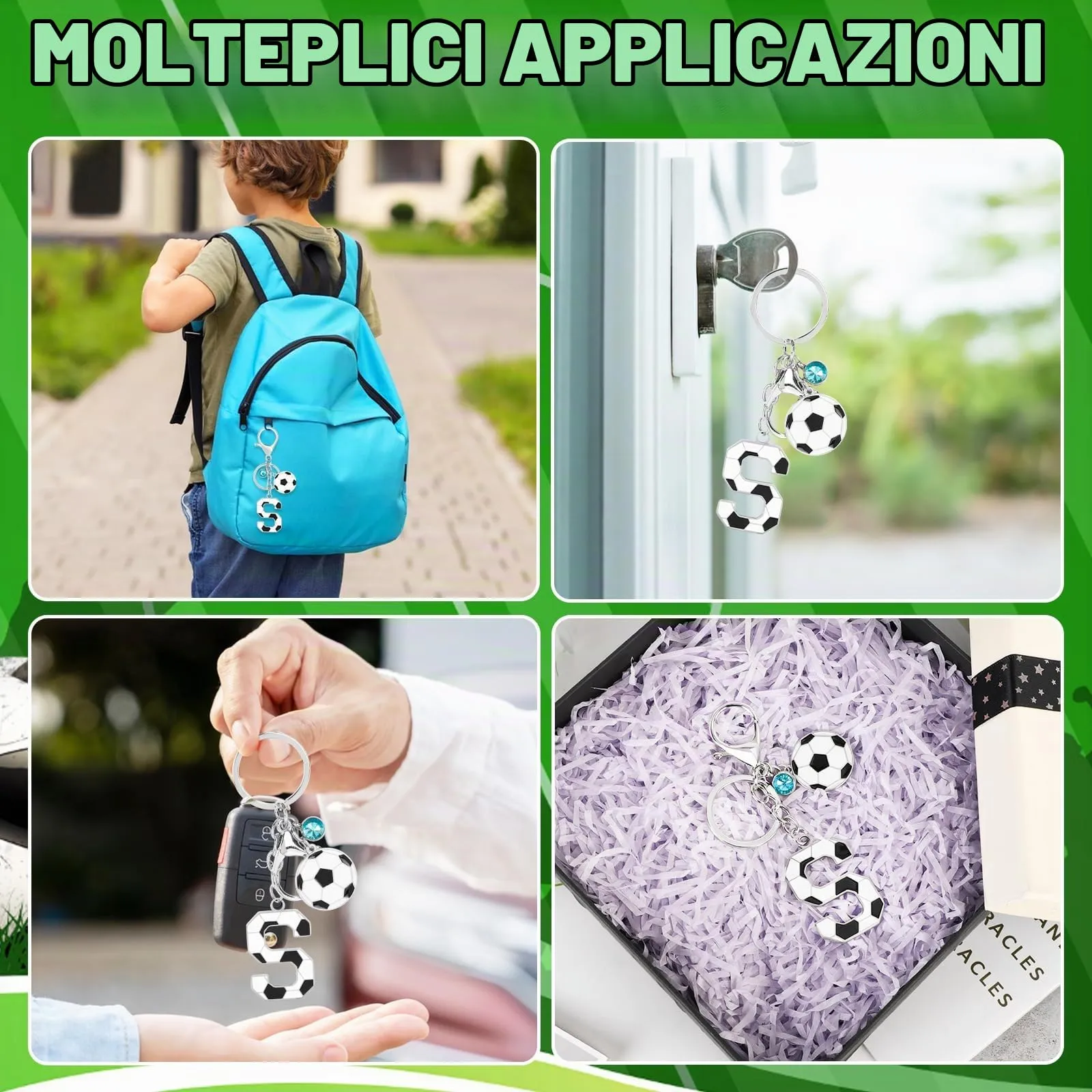 MWOOT Portachiavi Calcio Lettera Iniziale, Portachiavi Alfabeto con Ciondoli, Regalo per Amanti del Calcio, Charms per Borse Zaino Accessori(S) - immagine 5