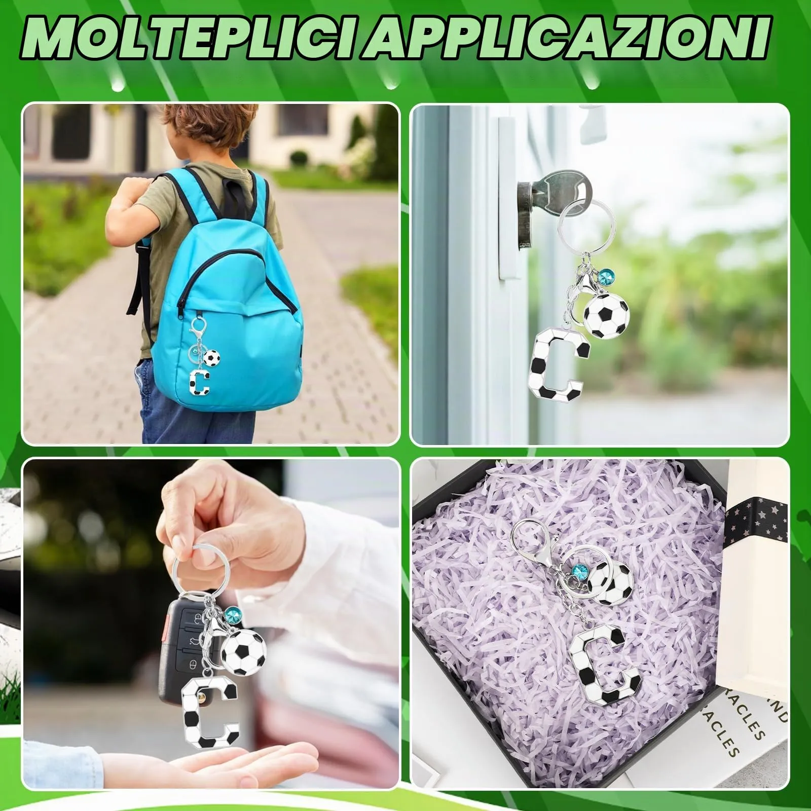 MWOOT Portachiavi Calcio Lettera Iniziale Alfabeto Ciondoli Sport Regalo Amanti Calcio Charms Borse Zaino Accessori - immagine 5
