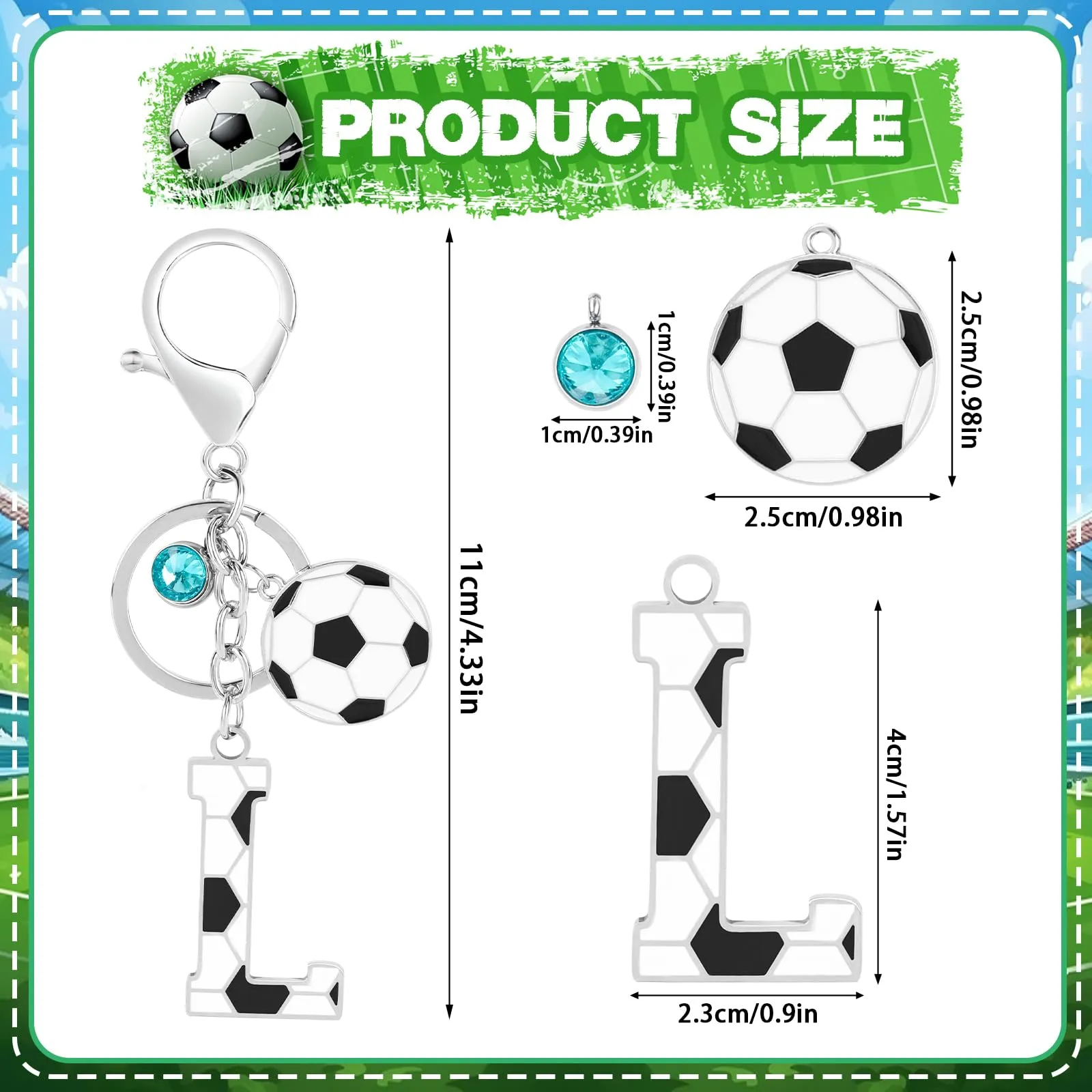 MWOOT Portachiavi Calcio Lettera Iniziale, Portachiavi Alfabeto con Ciondoli, Regalo per Amanti del Calcio, Charms per Borse Zaino Accessori(L) - immagine 2