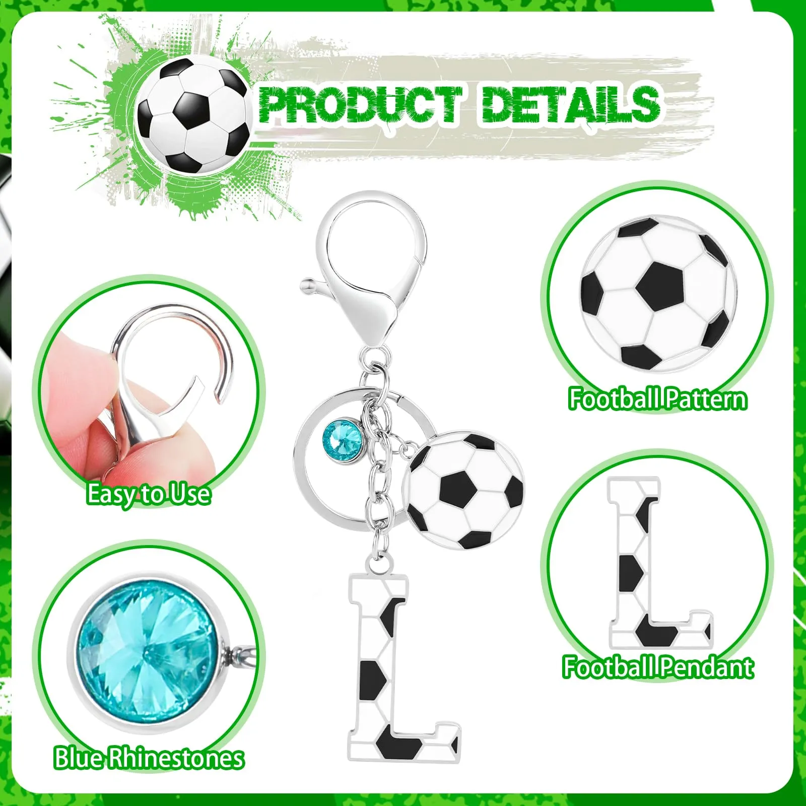 MWOOT Portachiavi Calcio Lettera Iniziale, Portachiavi Alfabeto con Ciondoli, Regalo per Amanti del Calcio, Charms per Borse Zaino Accessori(L) - immagine 3