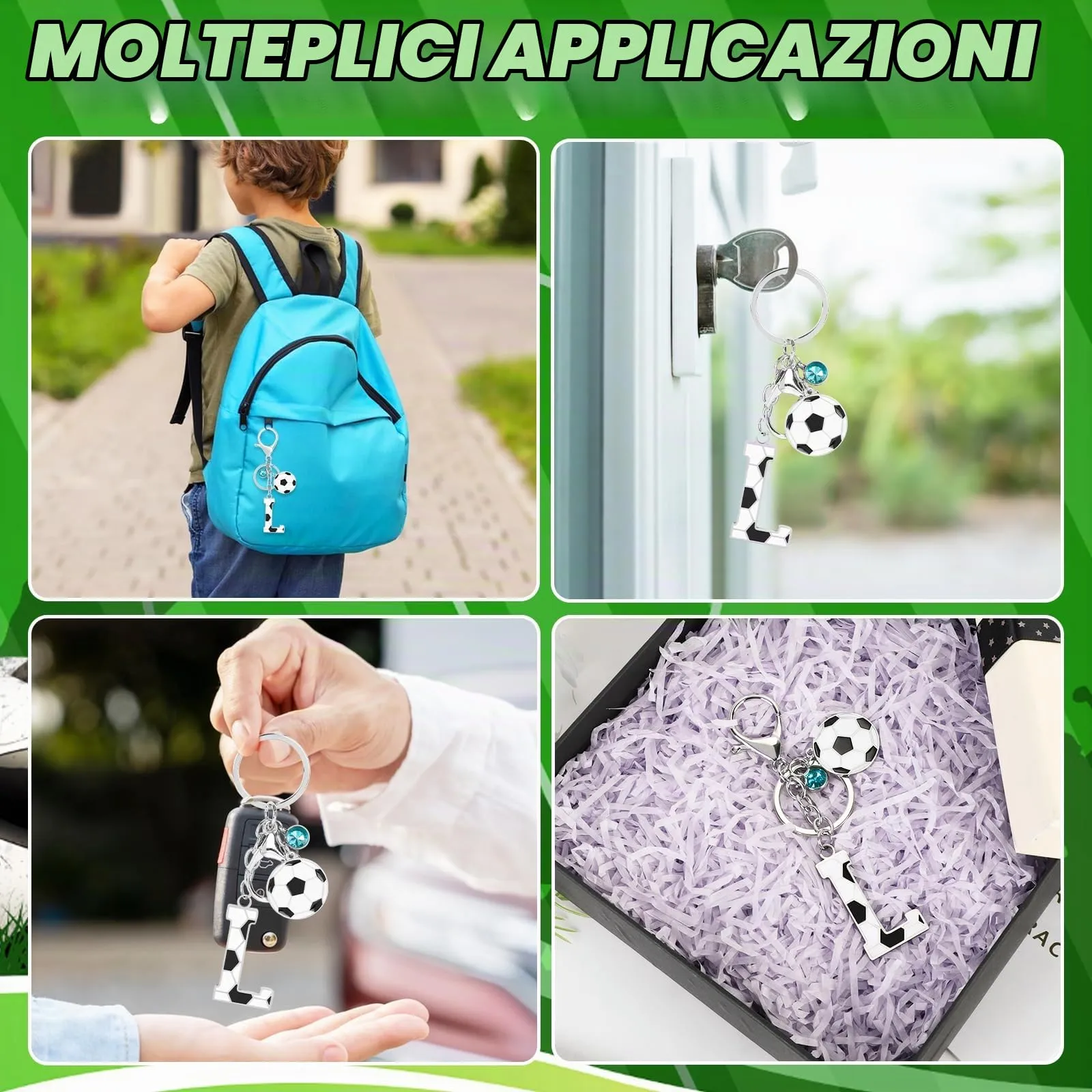 MWOOT Portachiavi Calcio Lettera Iniziale, Portachiavi Alfabeto con Ciondoli, Regalo per Amanti del Calcio, Charms per Borse Zaino Accessori(L) - immagine 5