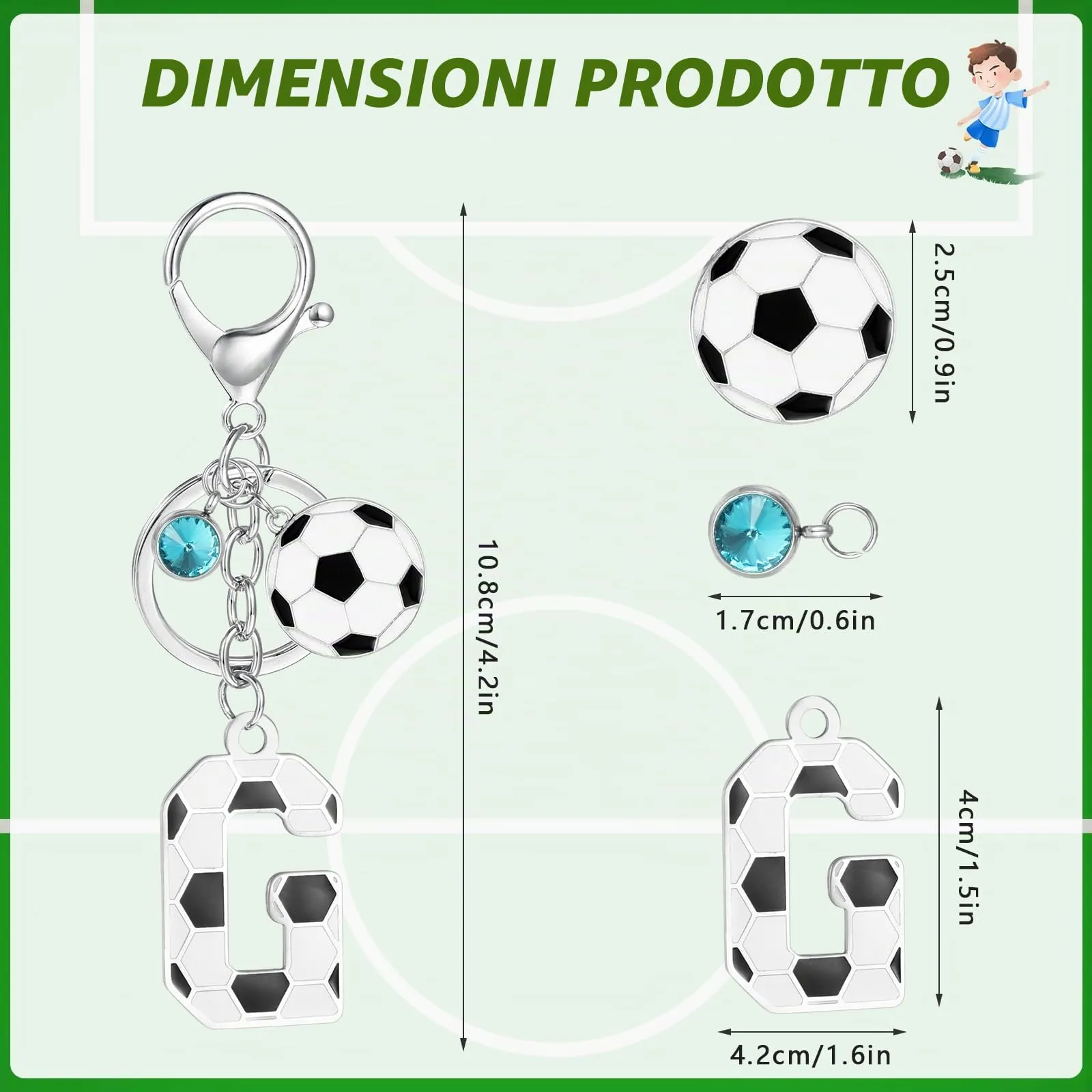 MWOOT Portachiavi Calcio Lettera Iniziale, Portachiavi Alfabeto con Ciondoli a Calcio, Portachiavi Sport Regalo Calcio per Amanti del Calcio, Charms per Borse Zaino Accessori(G) - immagine 2