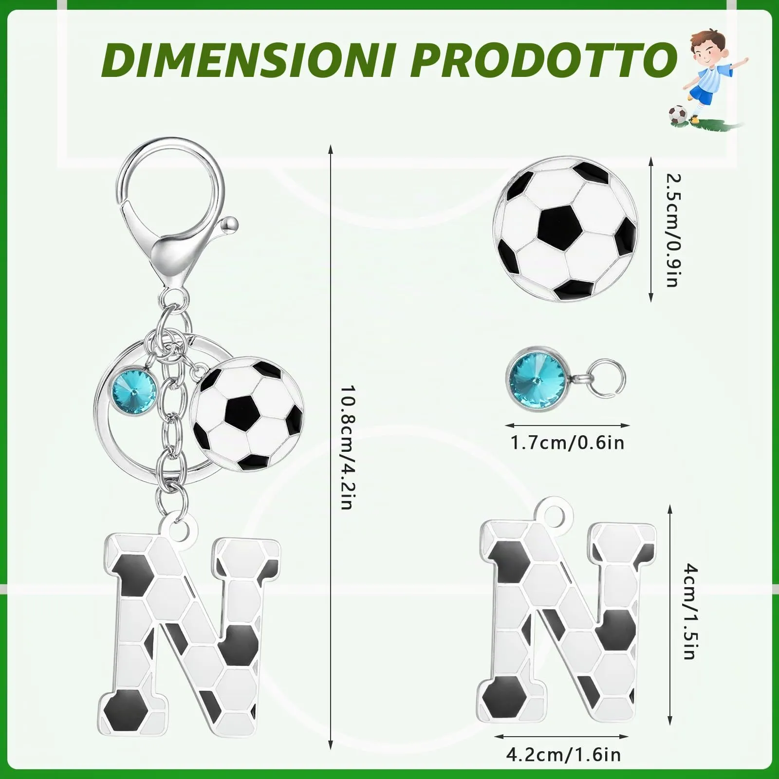 MWOOT Portachiavi Calcio Lettera Iniziale, Portachiavi Alfabeto con Ciondoli a Calcio, Portachiavi Sport Regalo Calcio per Amanti del Calcio, Charms per Borse Zaino Accessori(N) - immagine 2