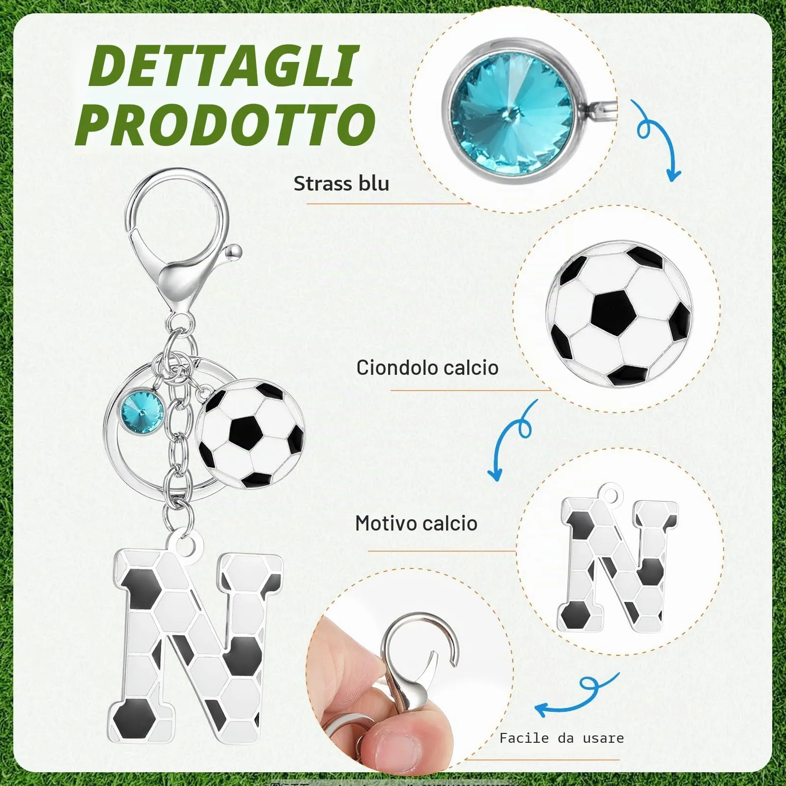 MWOOT Portachiavi Calcio Lettera Iniziale, Portachiavi Alfabeto con Ciondoli a Calcio, Portachiavi Sport Regalo Calcio per Amanti del Calcio, Charms per Borse Zaino Accessori(N) - immagine 3