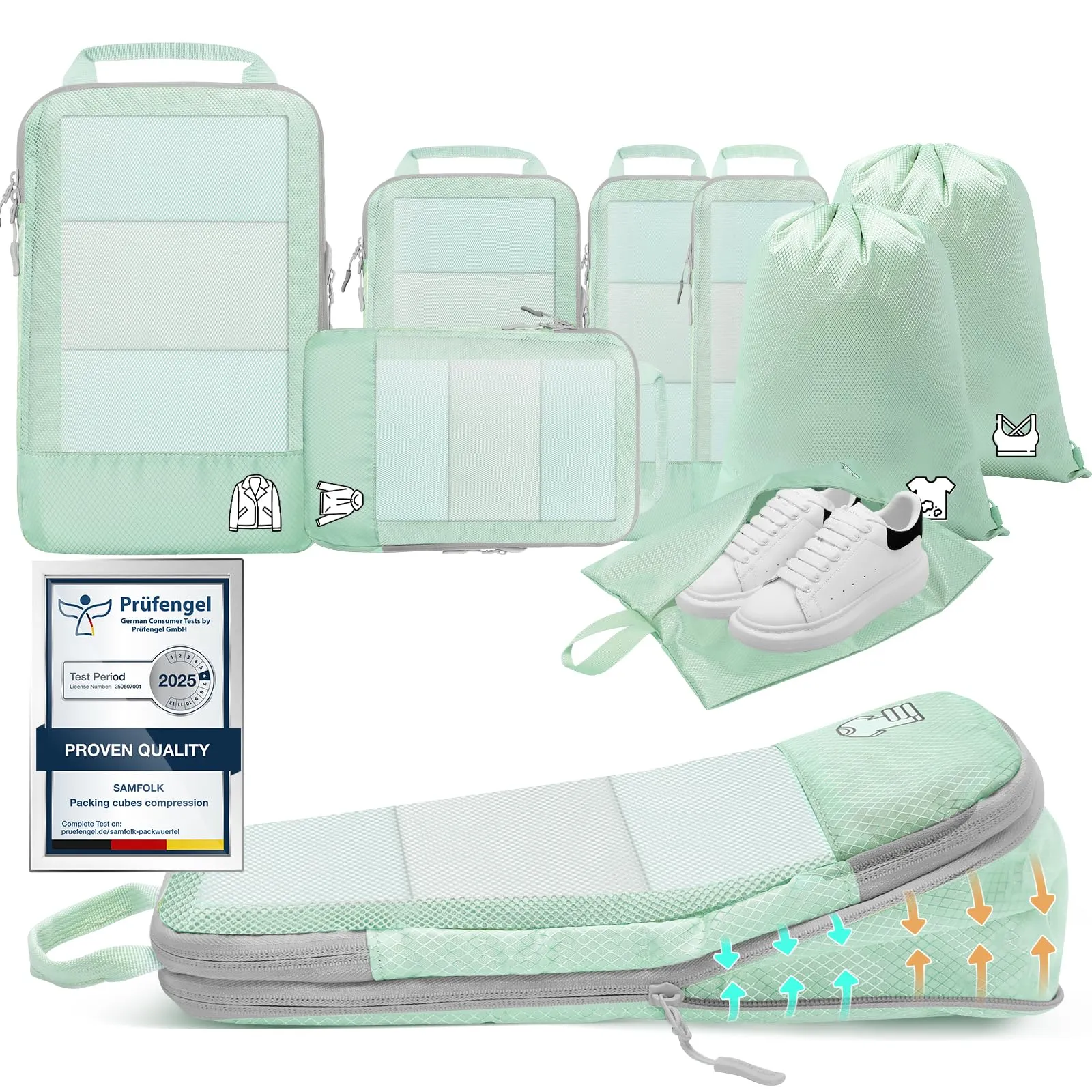8 Pezzi Compression Packing Cubes, Organizer per Valigia a Compressione, Cubi da Imballaggio, Borse da Imballaggio per Zaino, Organizzatore per Viaggi, Colore Menta - immagine 1
