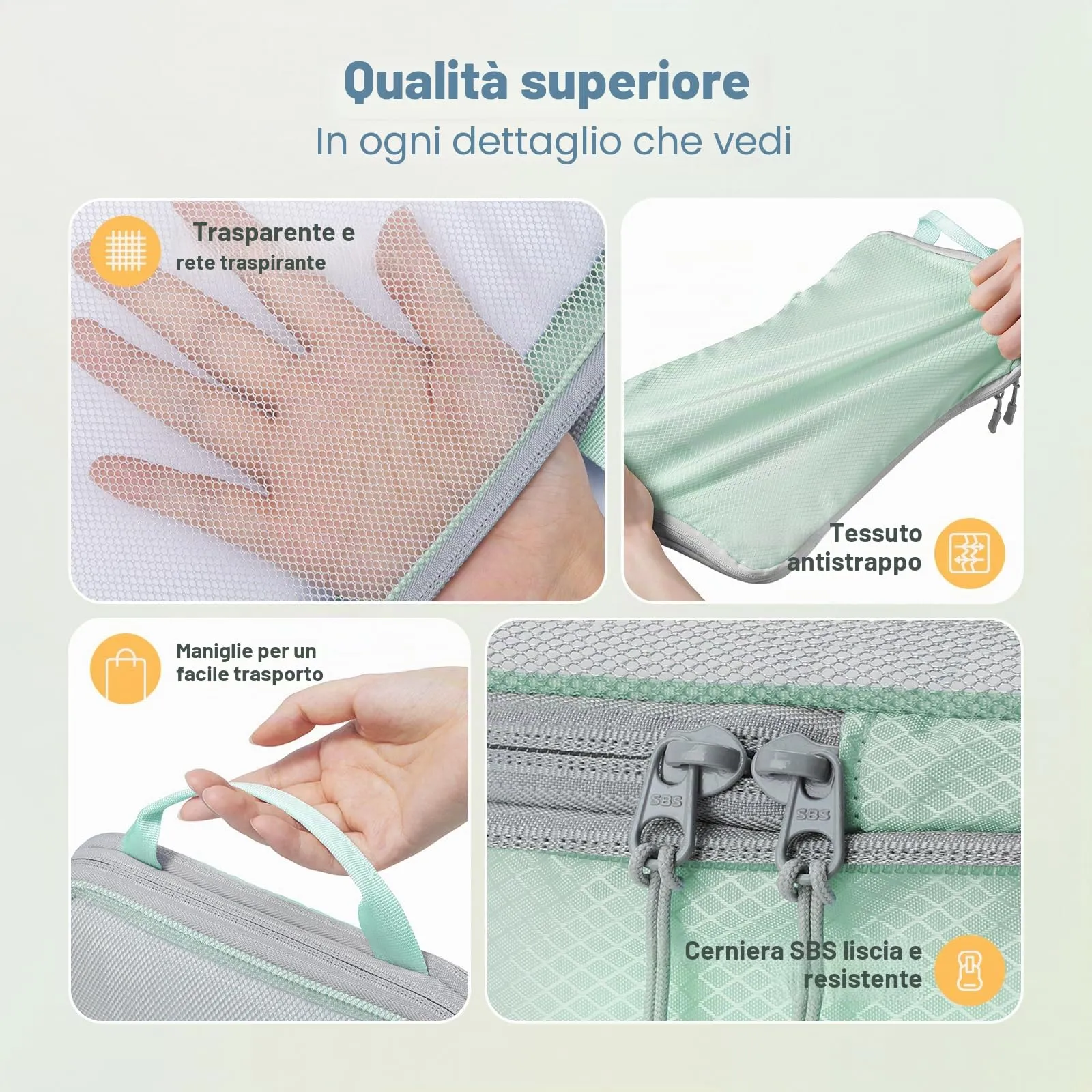 8 Pezzi Compression Packing Cubes, Organizer per Valigia a Compressione, Cubi da Imballaggio, Borse da Imballaggio per Zaino, Organizzatore per Viaggi, Colore Menta - immagine 3