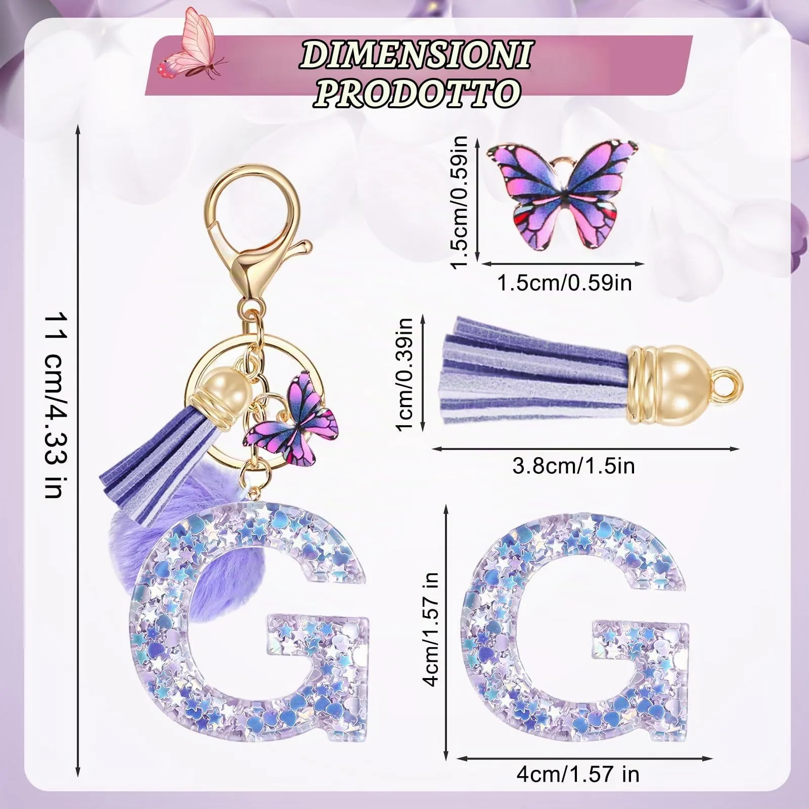 JSRQT Portachiavi da Ragazza Donna Viola Farfallina con Lettera Iniziale Nome G Ciondoli in Resina Personalizzare Regalo Legami Borsa per Auto Chiave Della Porta Macchina Zaino Pendenti Decor - immagine 2
