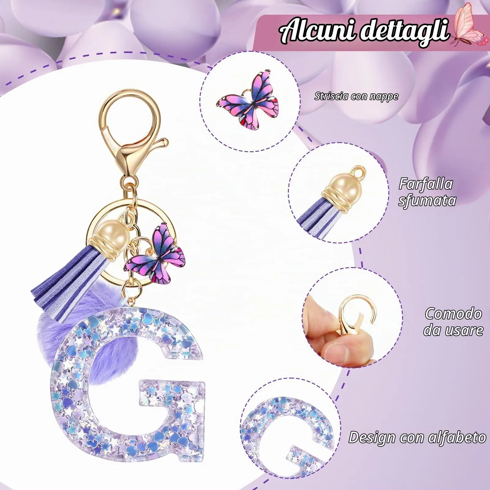 JSRQT Portachiavi da Ragazza Donna Viola Farfallina con Lettera Iniziale Nome G Ciondoli in Resina Personalizzare Regalo Legami Borsa per Auto Chiave Della Porta Macchina Zaino Pendenti Decor - immagine 4