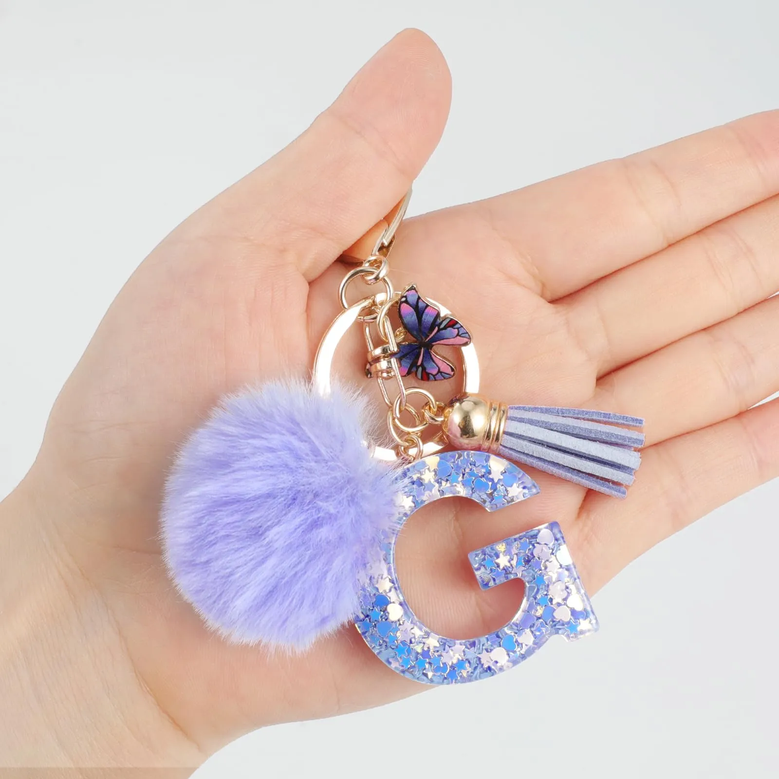 JSRQT Portachiavi da Ragazza Donna Viola Farfallina con Lettera Iniziale Nome G Ciondoli in Resina Personalizzare Regalo Legami Borsa per Auto Chiave Della Porta Macchina Zaino Pendenti Decor - immagine 5