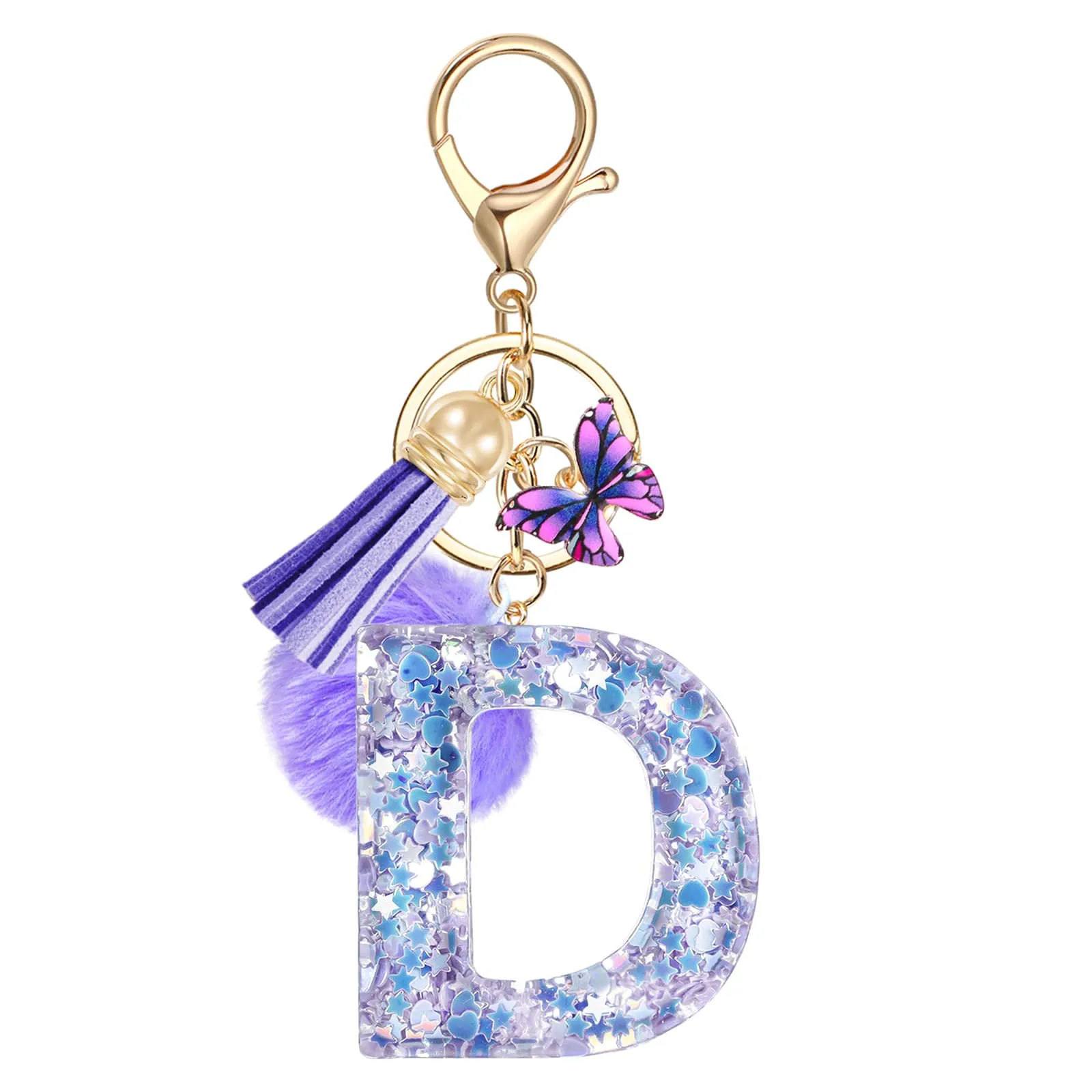 JSRQT Portachiavi da Ragazza Donna Viola Farfallina con Lettera Iniziale Nome D Ciondoli in Resina Personalizzare Regalo Legami Borsa per Auto Chiave Della Porta Macchina Zaino Pendenti Decor - immagine 1