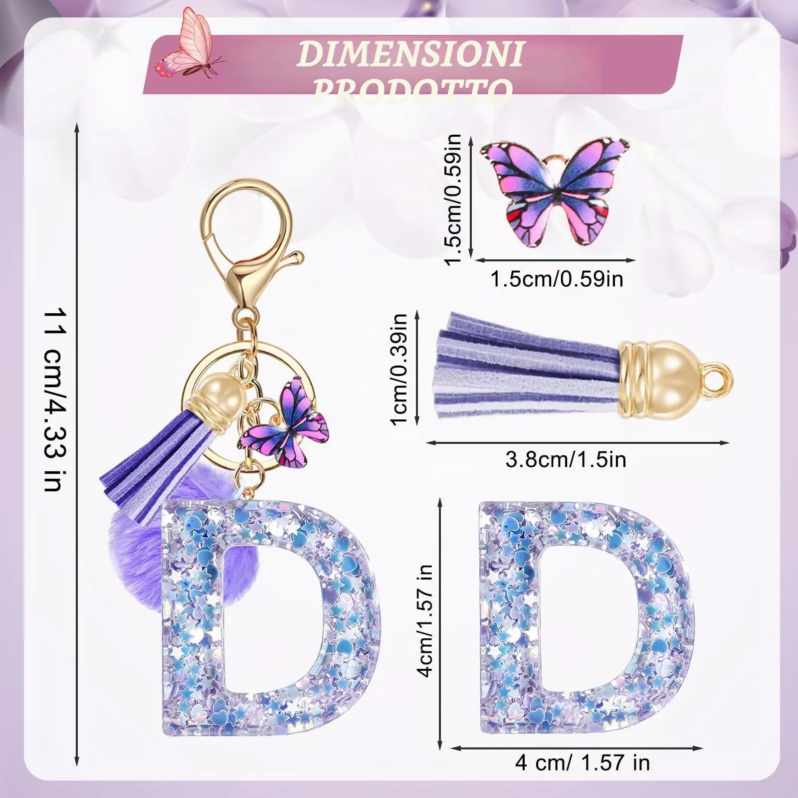 JSRQT Portachiavi da Ragazza Donna Viola Farfallina con Lettera Iniziale Nome D Ciondoli in Resina Personalizzare Regalo Legami Borsa per Auto Chiave Della Porta Macchina Zaino Pendenti Decor - immagine 2