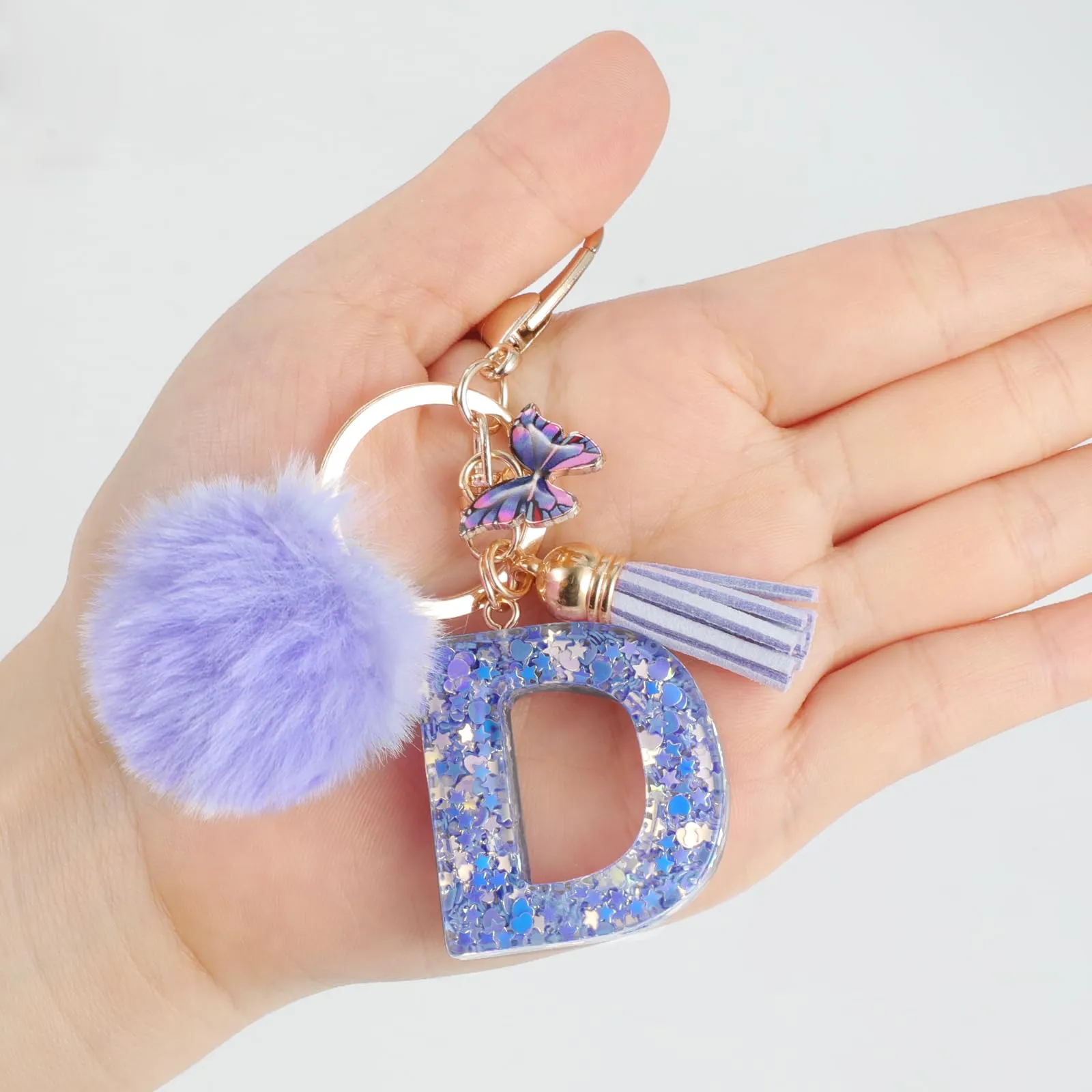 JSRQT Portachiavi da Ragazza Donna Viola Farfallina con Lettera Iniziale Nome D Ciondoli in Resina Personalizzare Regalo Legami Borsa per Auto Chiave Della Porta Macchina Zaino Pendenti Decor - immagine 4