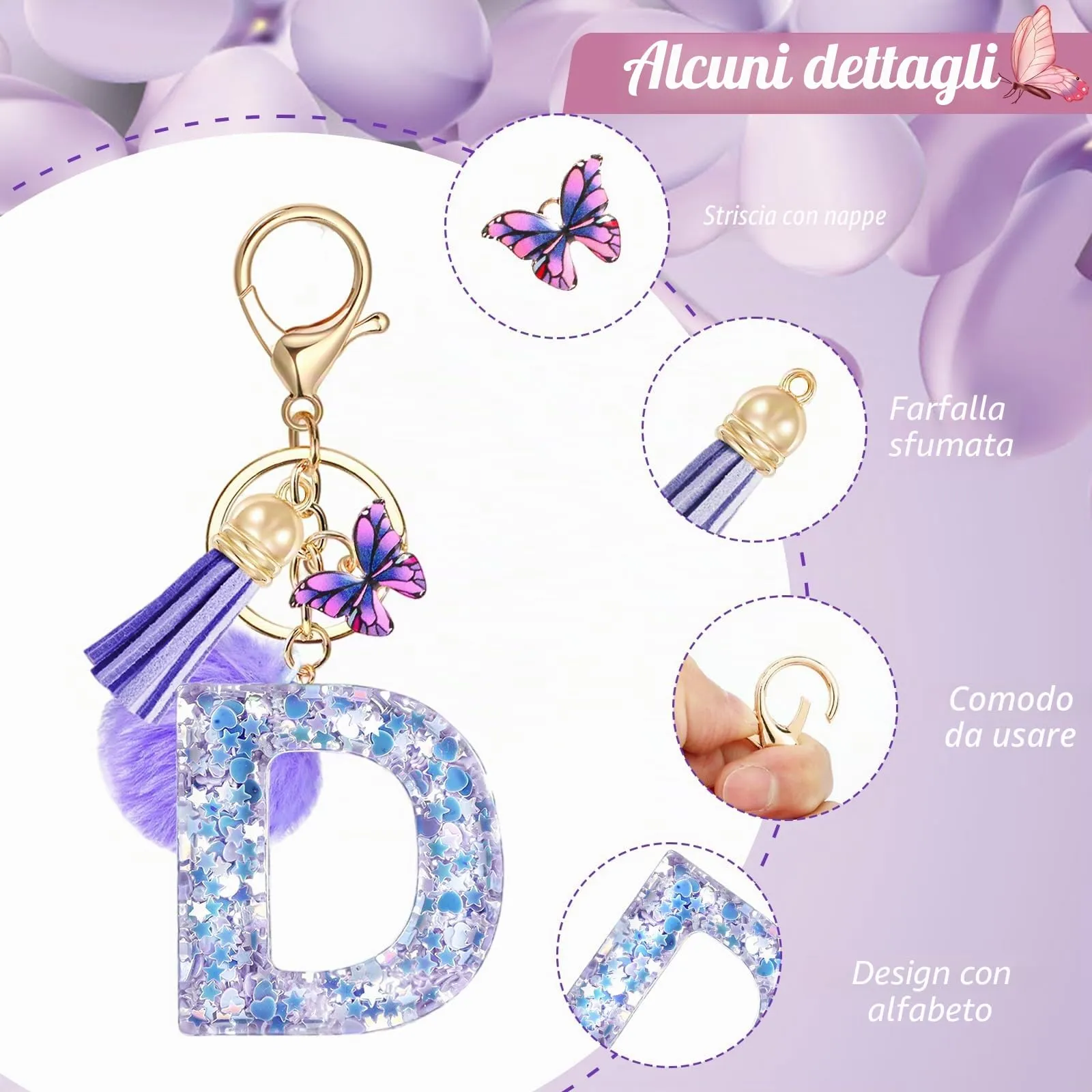 JSRQT Portachiavi da Ragazza Donna Viola Farfallina con Lettera Iniziale Nome D Ciondoli in Resina Personalizzare Regalo Legami Borsa per Auto Chiave Della Porta Macchina Zaino Pendenti Decor - immagine 5