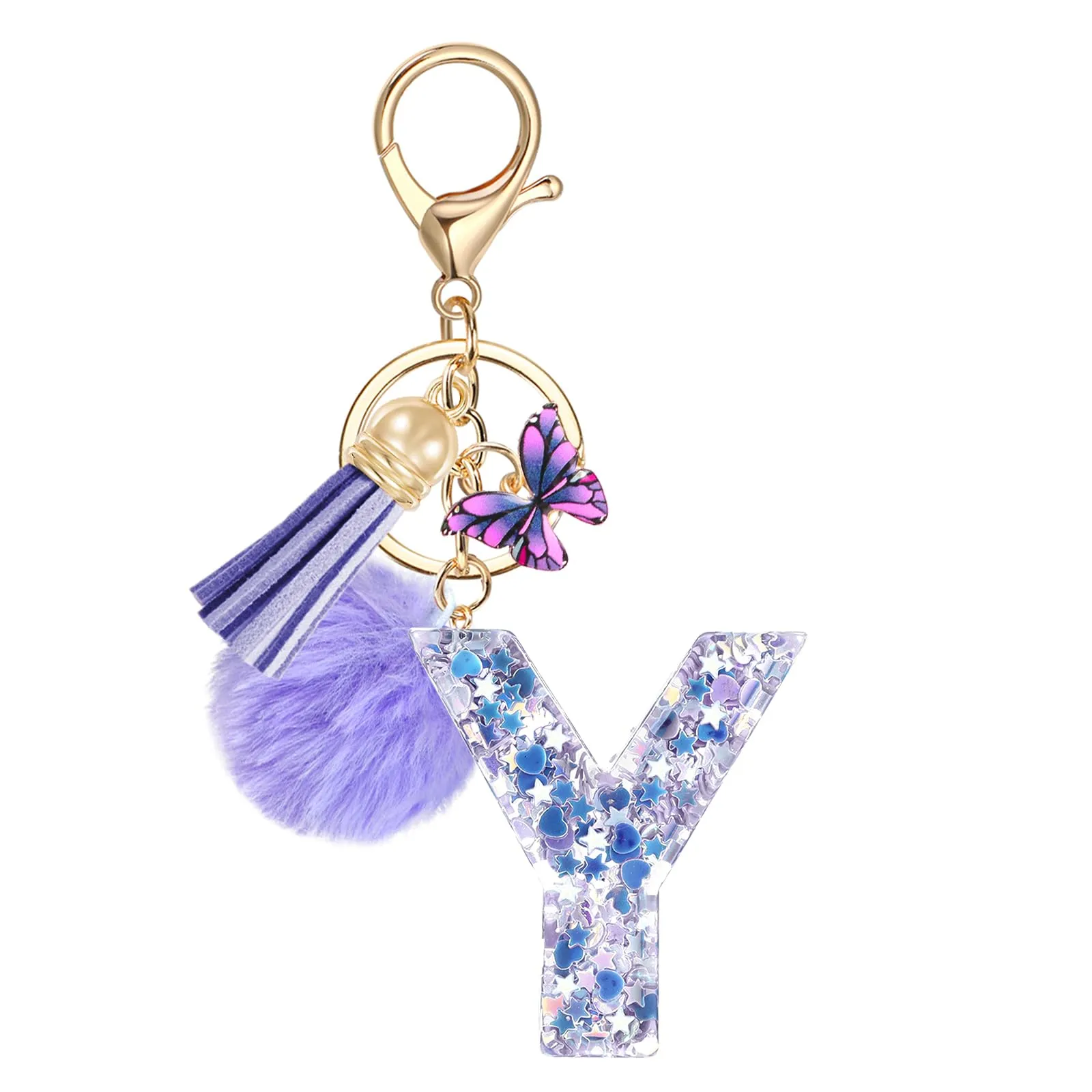JSRQT Portachiavi da Ragazza Donna Viola Farfallina con Lettera Iniziale Nome Y Ciondoli in Resina Personalizzare Regalo Legami Borsa per Auto Chiave Della Porta Macchina Zaino Pendenti Decor - immagine 1