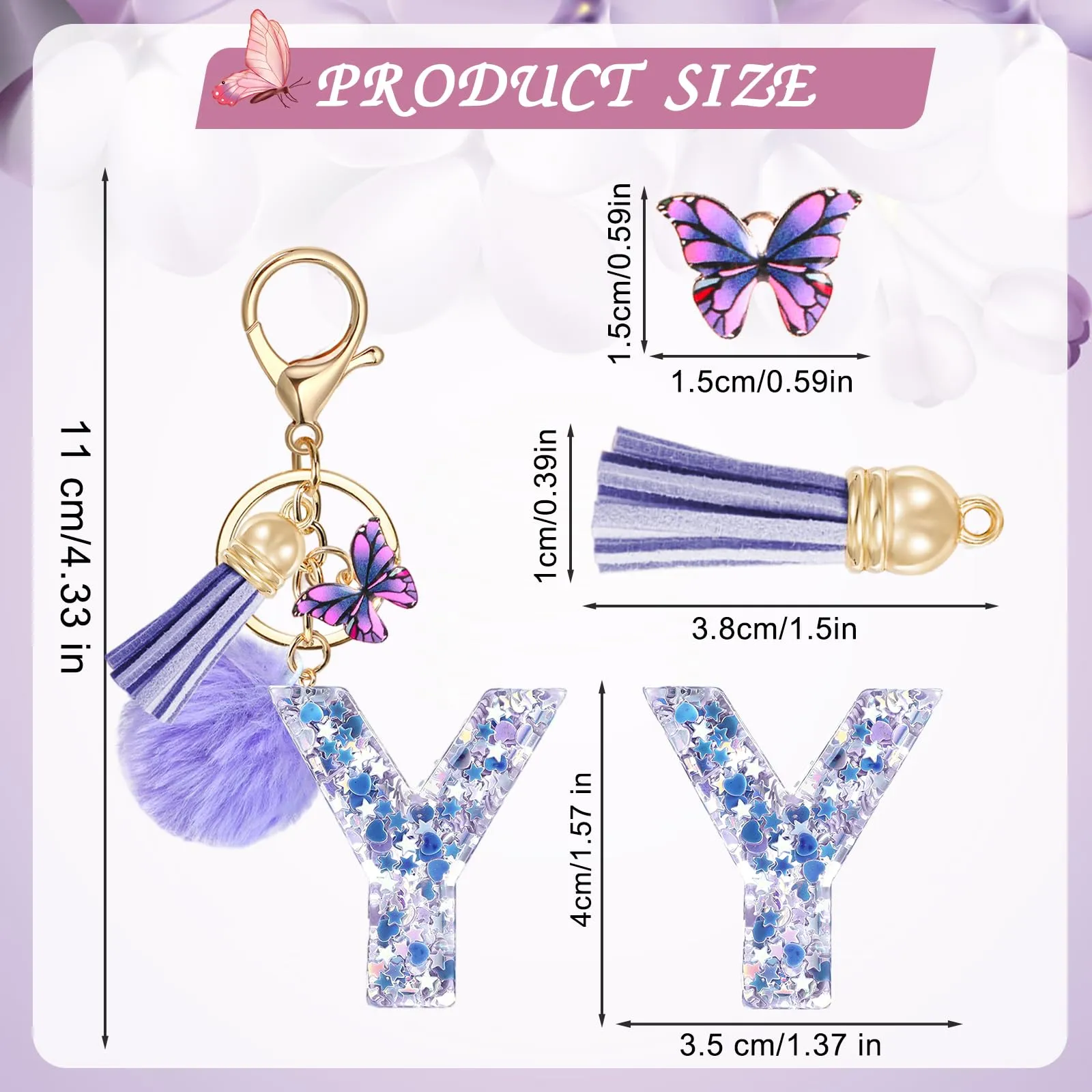 JSRQT Portachiavi da Ragazza Donna Viola Farfallina con Lettera Iniziale Nome Y Ciondoli in Resina Personalizzare Regalo Legami Borsa per Auto Chiave Della Porta Macchina Zaino Pendenti Decor - immagine 2