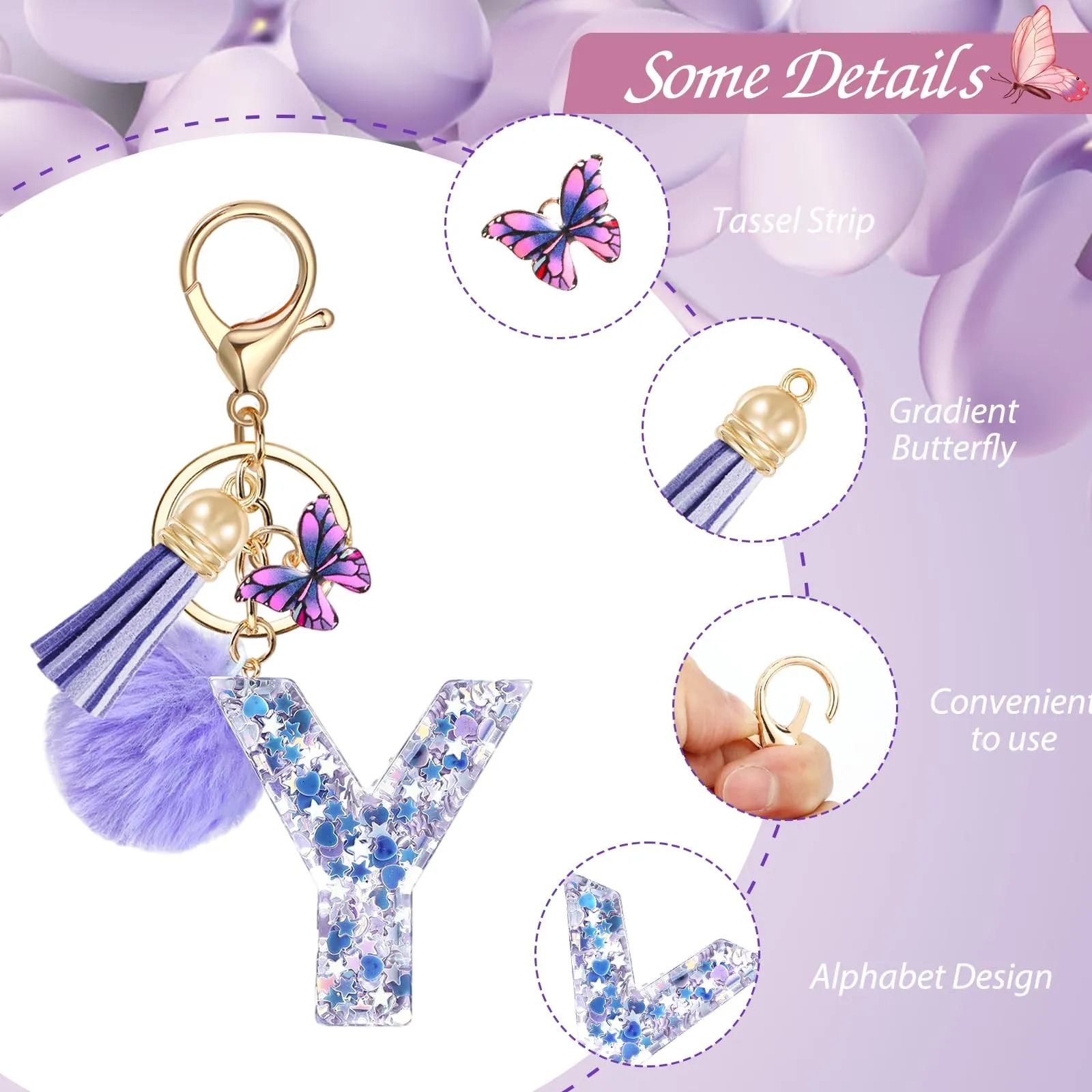 JSRQT Portachiavi da Ragazza Donna Viola Farfallina con Lettera Iniziale Nome Y Ciondoli in Resina Personalizzare Regalo Legami Borsa per Auto Chiave Della Porta Macchina Zaino Pendenti Decor - immagine 4