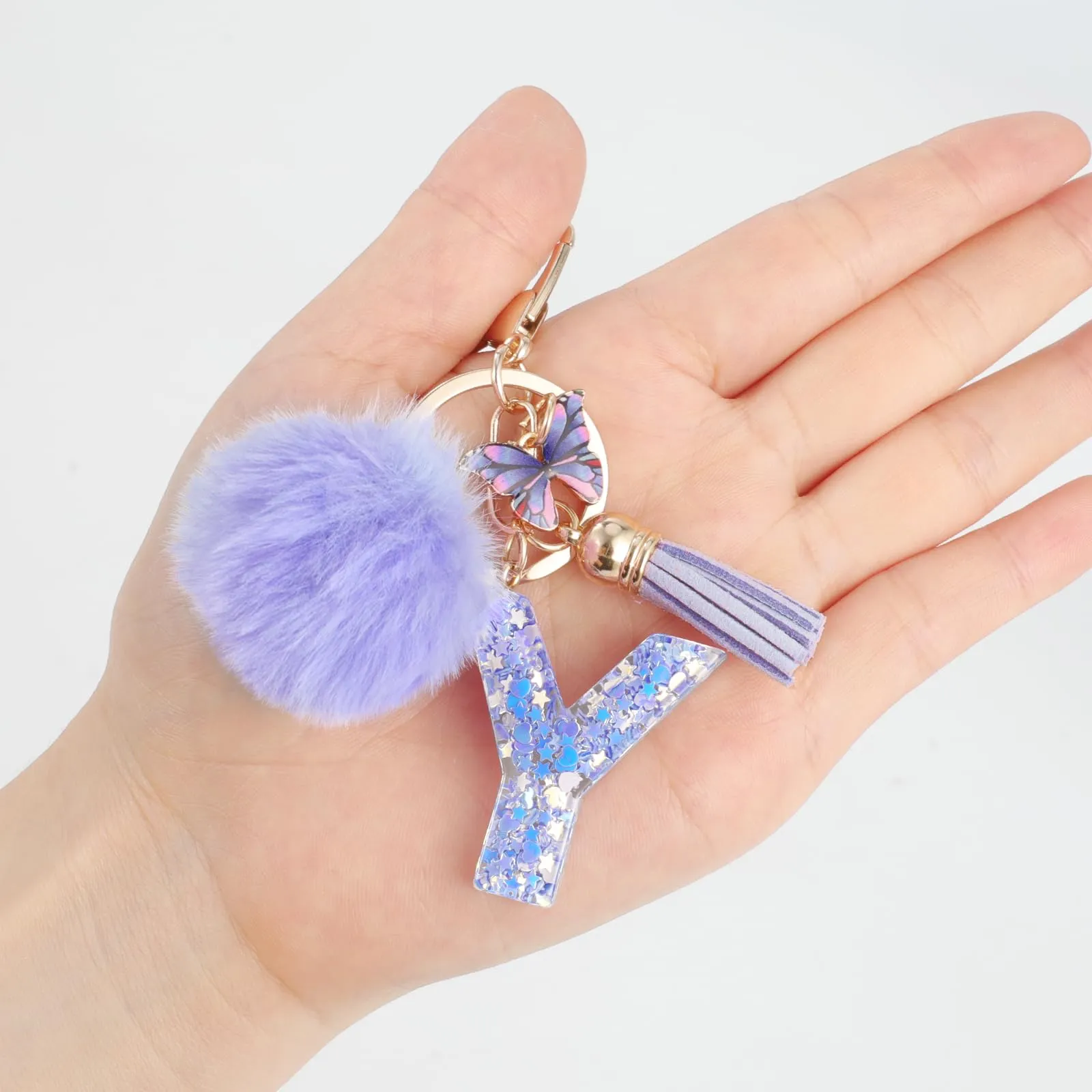 JSRQT Portachiavi da Ragazza Donna Viola Farfallina con Lettera Iniziale Nome Y Ciondoli in Resina Personalizzare Regalo Legami Borsa per Auto Chiave Della Porta Macchina Zaino Pendenti Decor - immagine 6