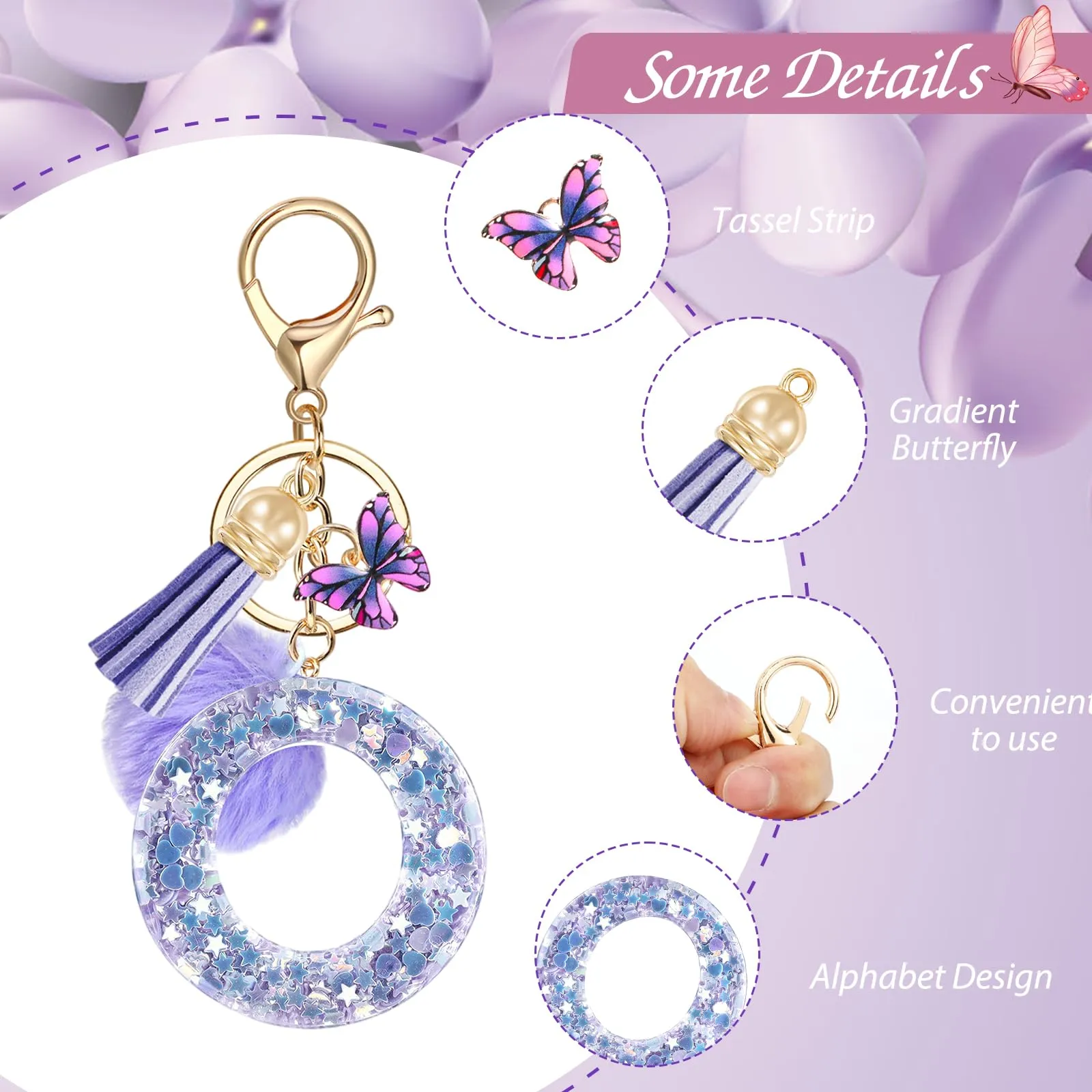 JSRQT Portachiavi da Ragazza Donna Viola Farfallina con Lettera Iniziale Nome O Ciondoli in Resina Personalizzare Regalo Legami Borsa per Auto Chiave Della Porta Macchina Zaino Pendenti Decor - immagine 4