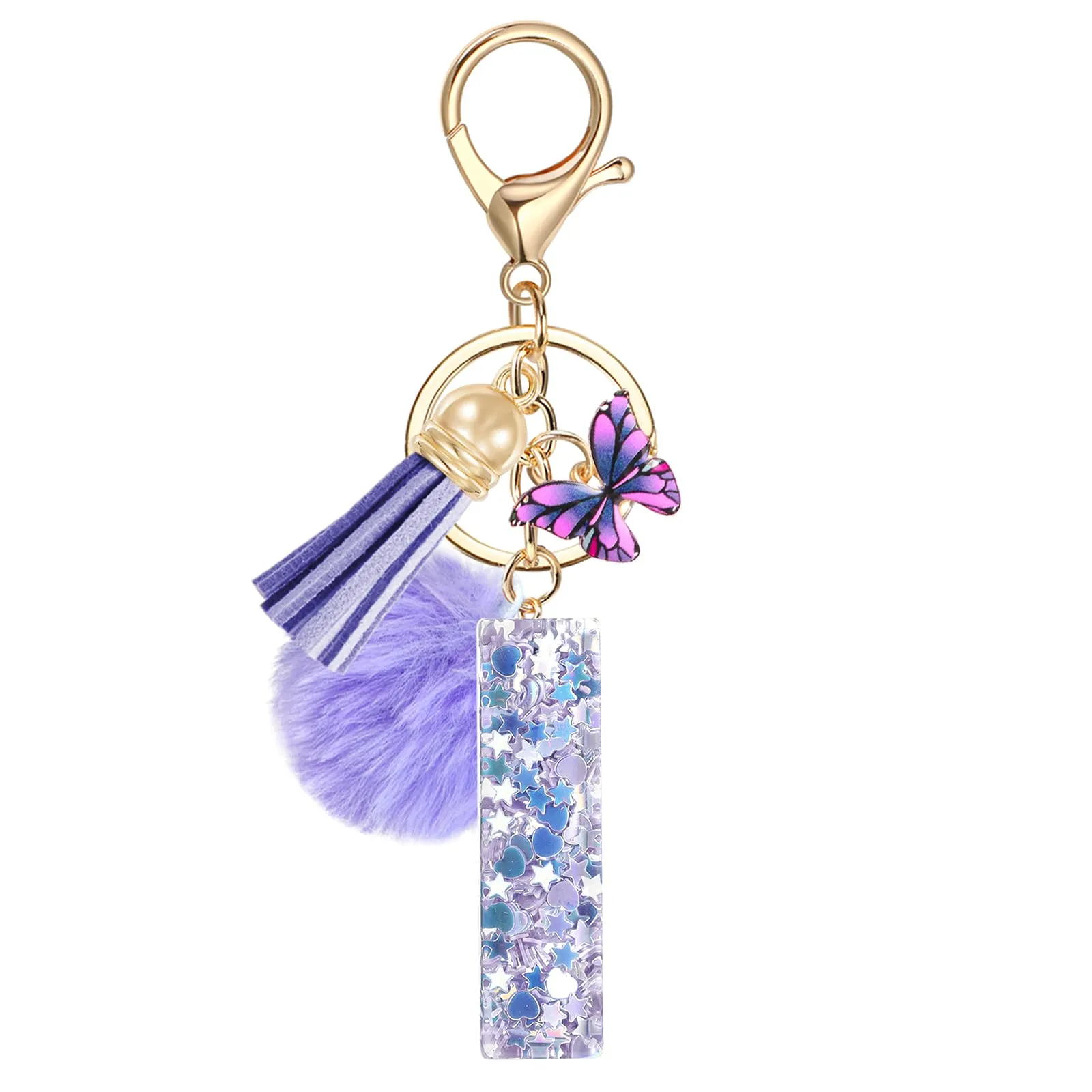 JSRQT Portachiavi da Ragazza Donna Viola Farfallina con Lettera Iniziale Nome I Ciondoli in Resina Personalizzare Regalo Legami Borsa per Auto Chiave Della Porta Macchina Zaino Pendenti Decor - immagine 1