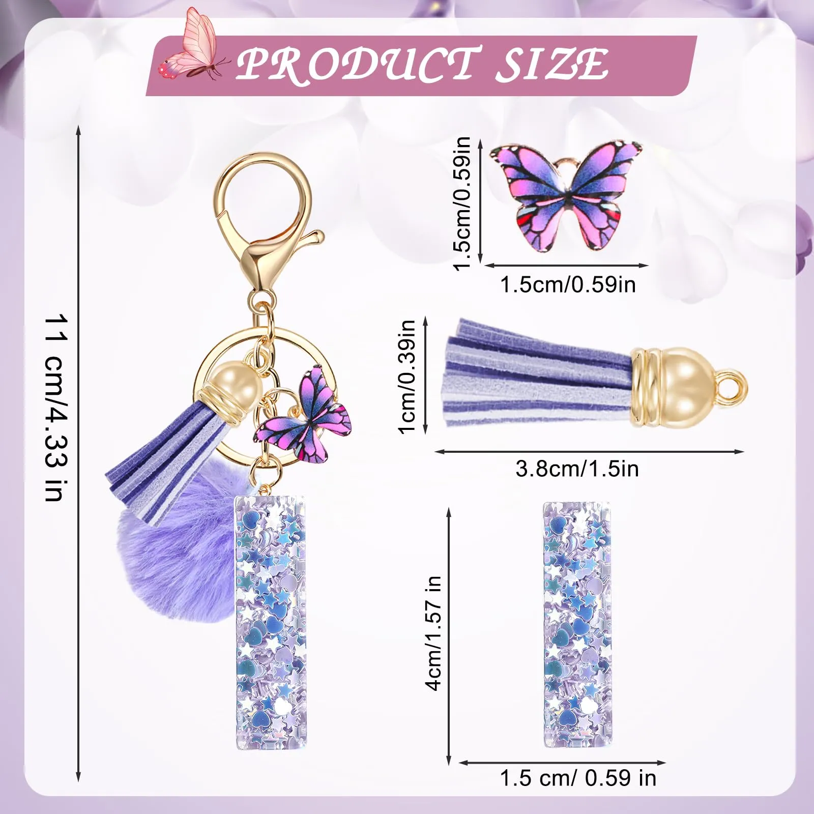 JSRQT Portachiavi da Ragazza Donna Viola Farfallina con Lettera Iniziale Nome I Ciondoli in Resina Personalizzare Regalo Legami Borsa per Auto Chiave Della Porta Macchina Zaino Pendenti Decor - immagine 2