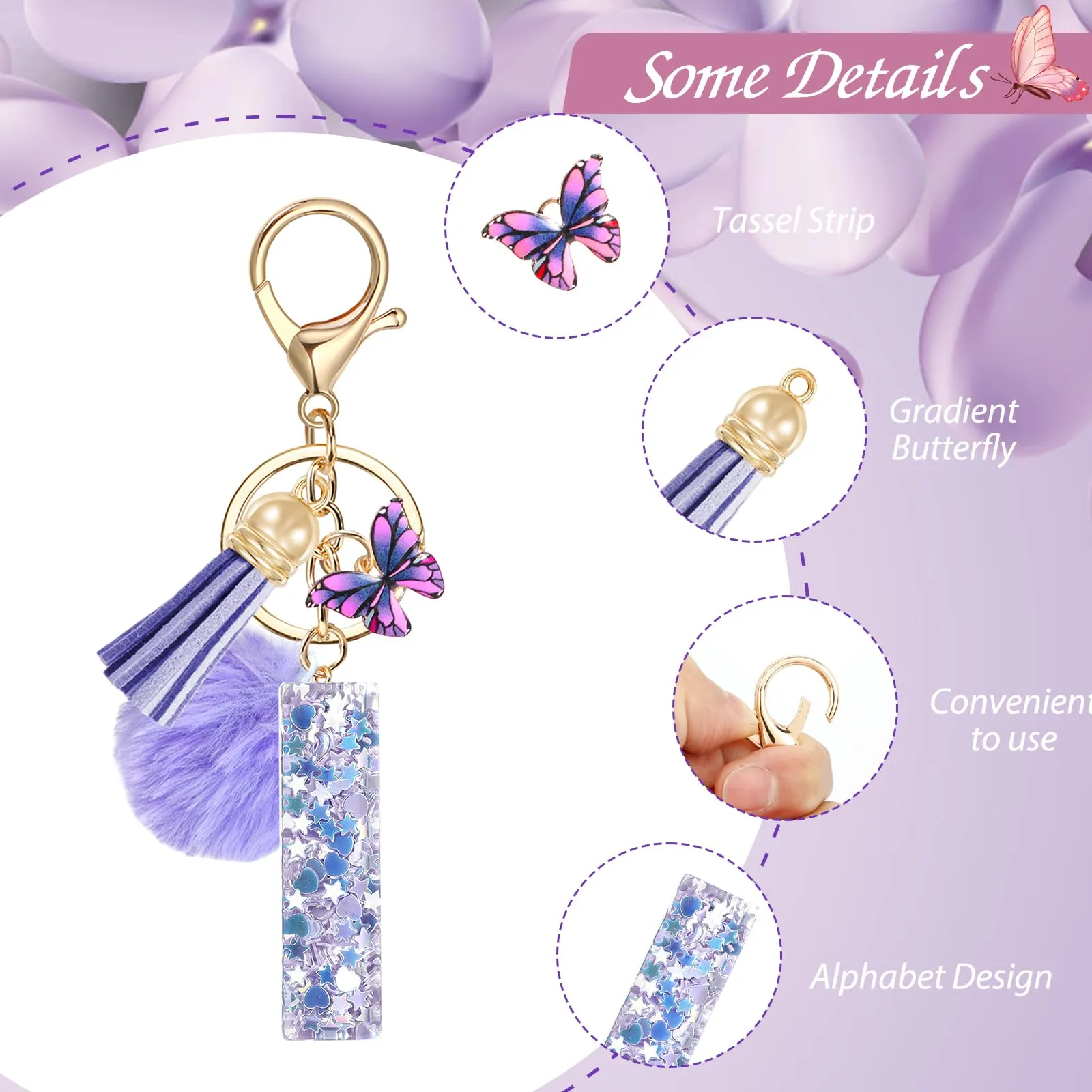 JSRQT Portachiavi da Ragazza Donna Viola Farfallina con Lettera Iniziale Nome I Ciondoli in Resina Personalizzare Regalo Legami Borsa per Auto Chiave Della Porta Macchina Zaino Pendenti Decor - immagine 4