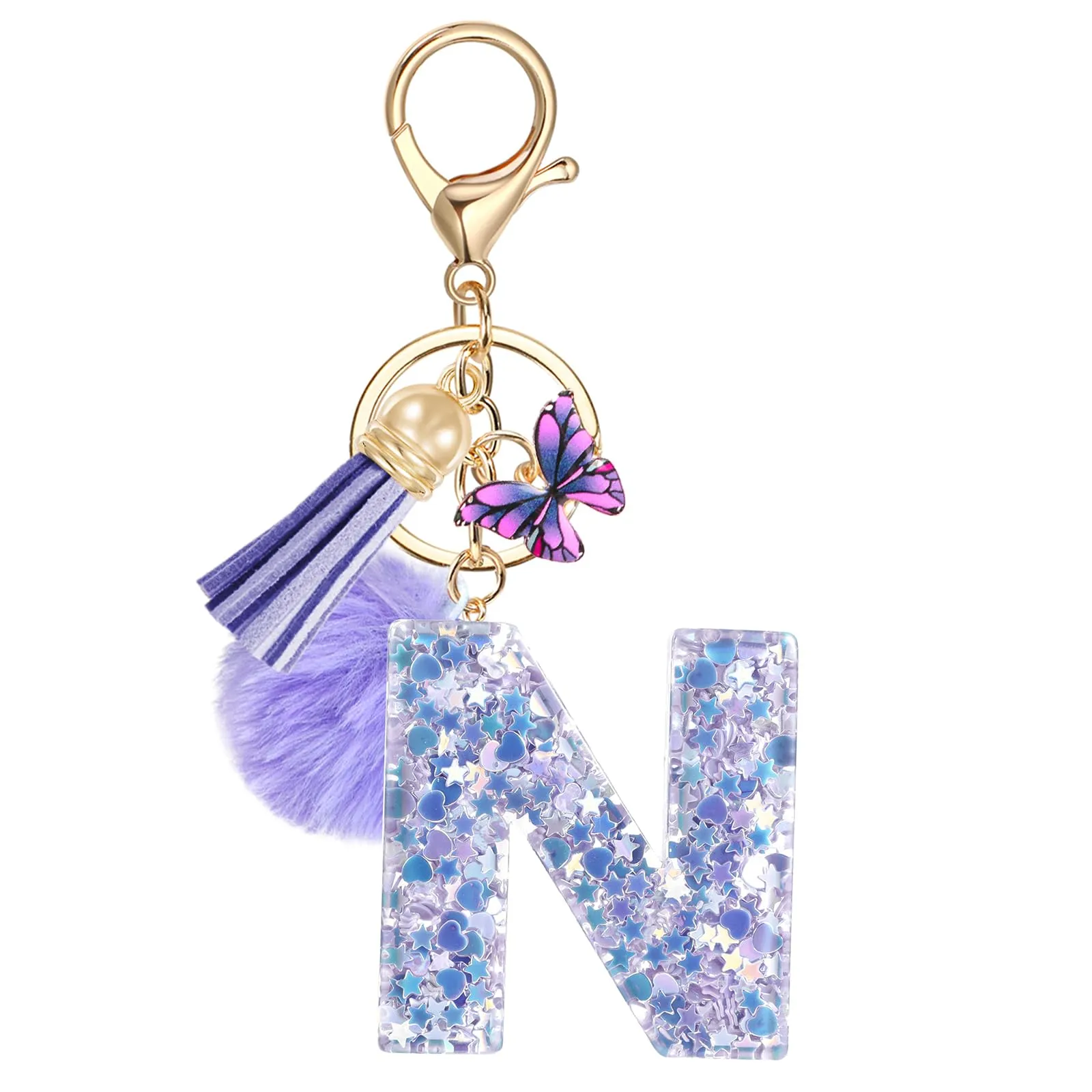 JSRQT Portachiavi da Ragazza Donna Viola Farfallina con Lettera Iniziale Nome N Ciondoli in Resina Personalizzare Regalo Legami Borsa per Auto Chiave Della Porta Macchina Zaino Pendenti Decor - immagine 1
